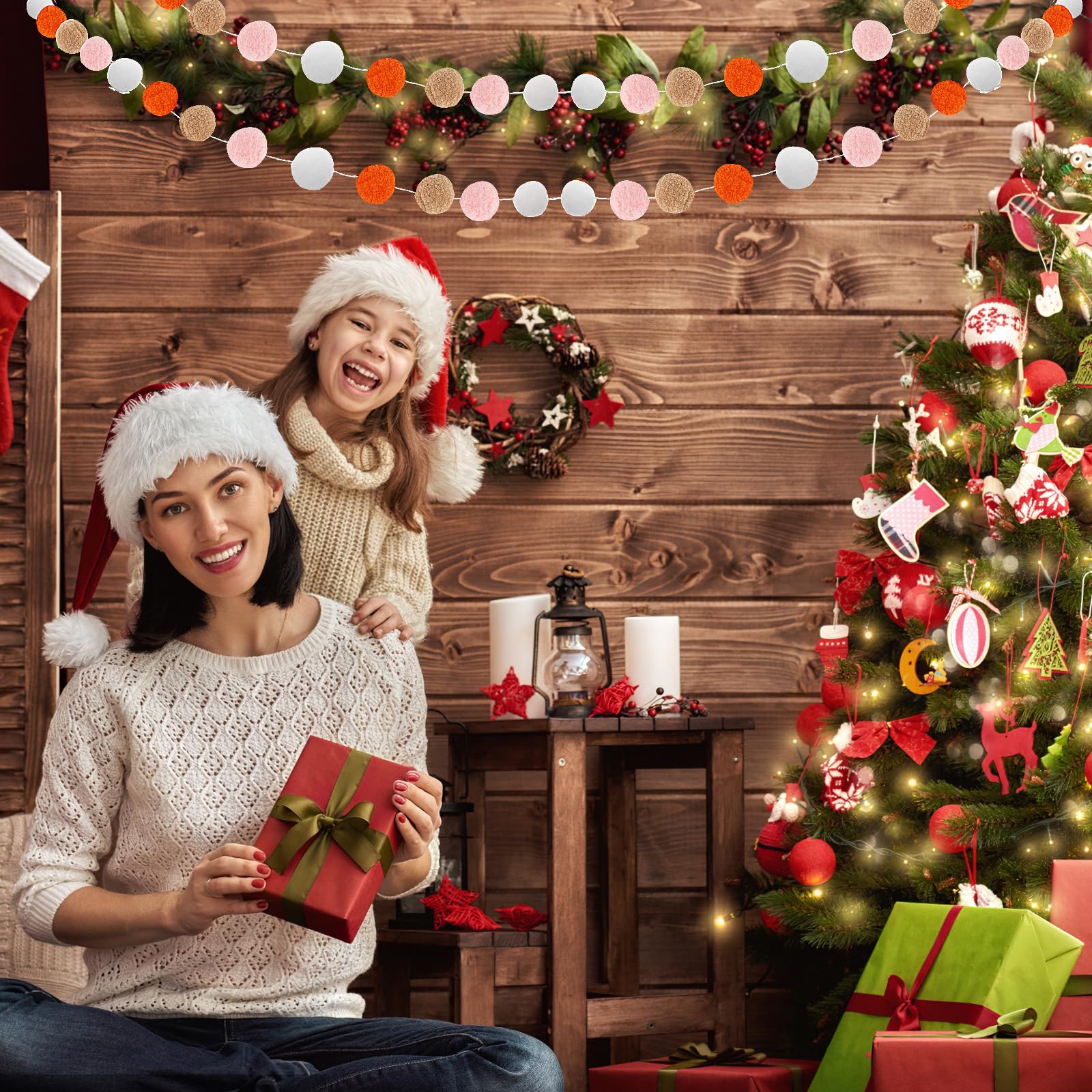 Abeillo Weihnachtsschmuck, Boho-Farben, Bommel-Girlande, 2,2 m, Wollfilzkugel, Girlande, zum Aufhängen, Dekoration, 4 Stück