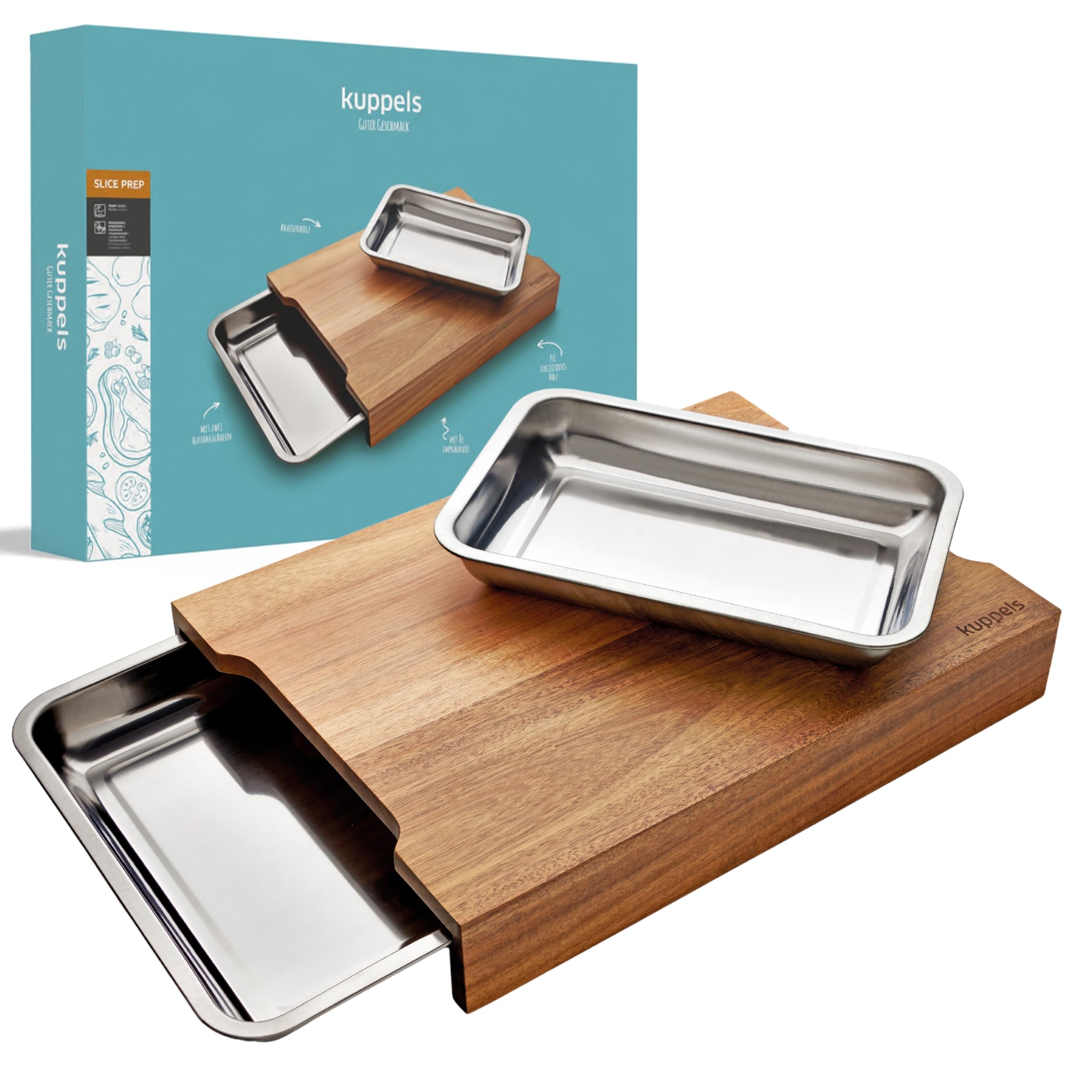 Kuppels SLICE Prep Akazienholz Schneidebrett mit 2 Auffangschalen 47x33,5cm | Profi-Holzbrett mit Aufbewahrungssystem, hygienisch, schnittfest, pflegeleicht, mit Griffmulden, für Gemüse & Fleisch