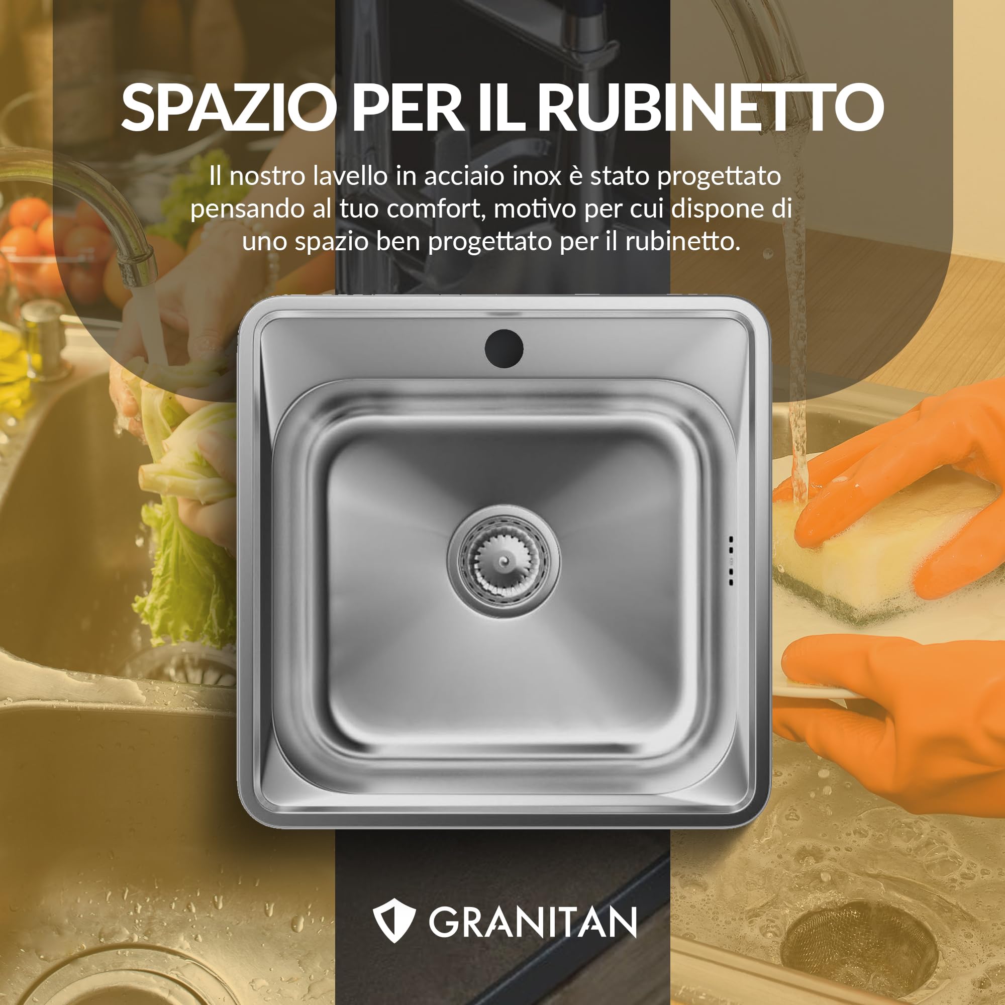 GRANITAN Lavello acciaio con sifone 38 x 38 cm - Lavandino da Incasso in Acciaio - Lavello in Acciaio Inox con Foro per Rubinetto per Lavabo - Diametro 92 mm - Lavabo per Cucina - Raso 38