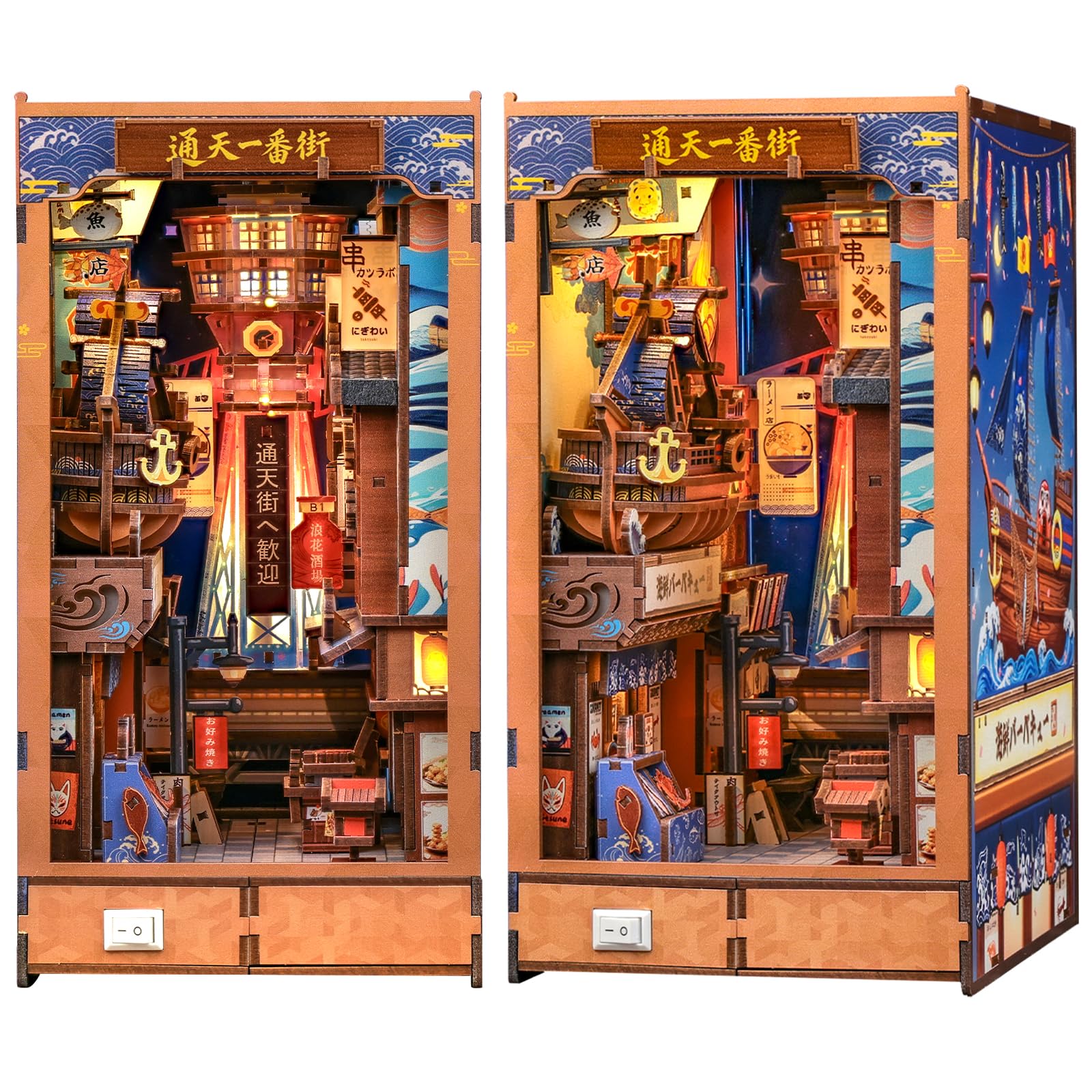 CUTEBEE Book Nook – drewniane puzzle 3D dla dorosłych, miniaturowy dom Osaka Shinsekai ze światłami LED, kreatywna dekoracja regału, prezent hobbystyczny (Tsutenkaku Ichiban Street)