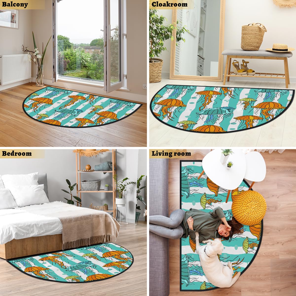 Mexpekil Jellyfish Paillasson demi-lune pour intérieur et extérieur - Lavable - Absorbant la saleté - Demi-rond - 100 x 160 cm