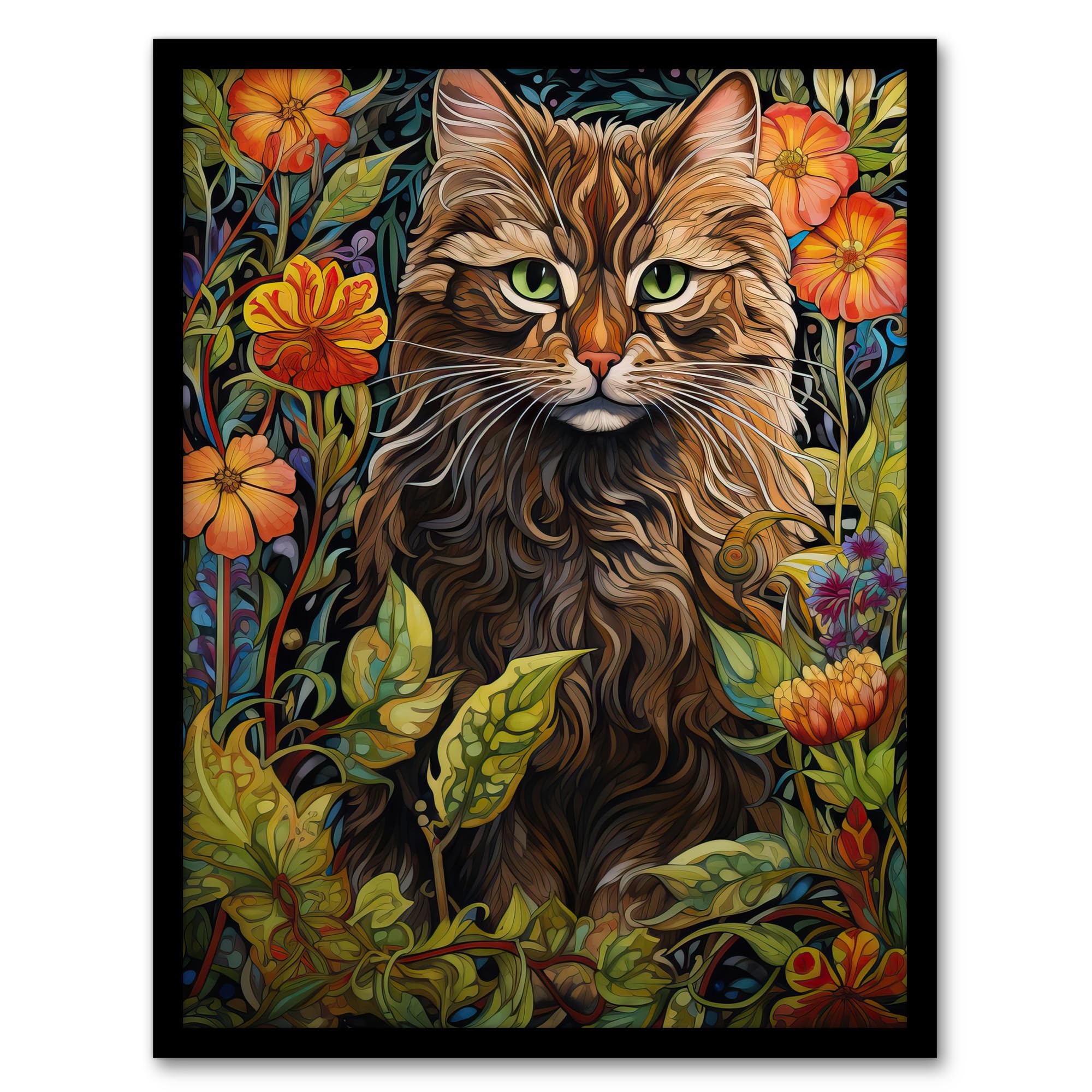 Artery8 Cat In Flower Field Blooms Stylised Graphic Painting Colourful Psychedelic Animal Portrait Artwork Framed Wall Art Print 18X24 Inch