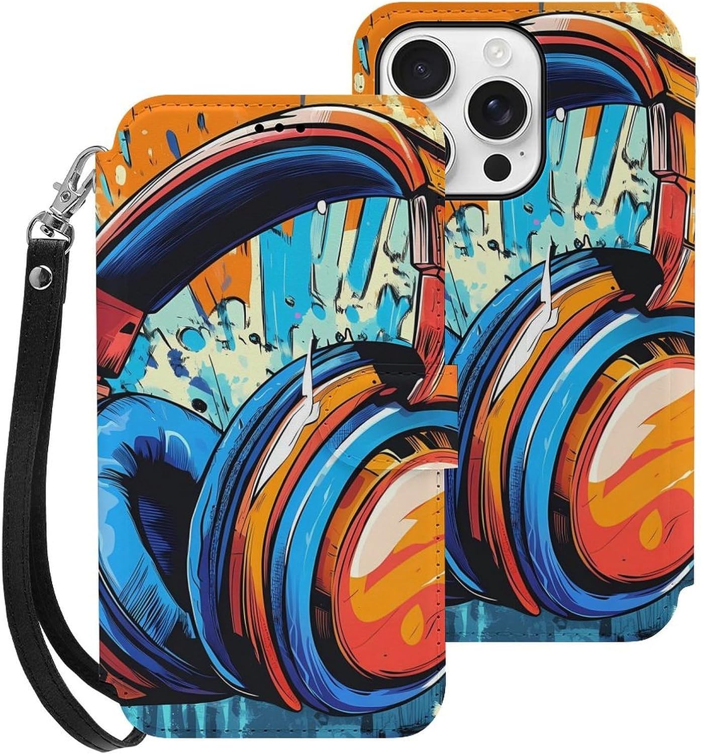 Comic Headphones Compatible with iPhone 16/16 Plus/16 Pro/16 Pro Max/16 E Case Phone Wallet Card Holder Flip Cover with Wrist Strap