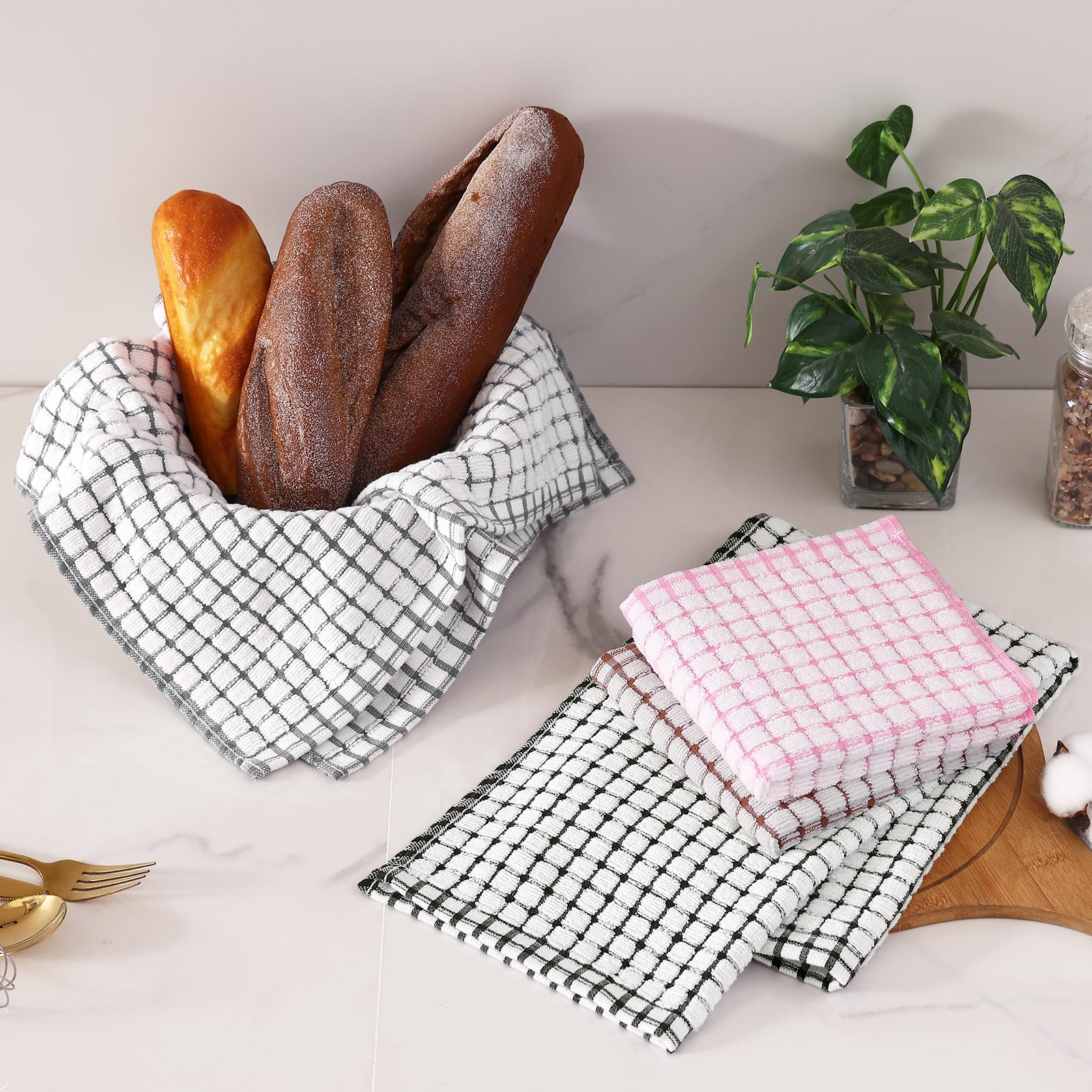 Homaxy Lot de 8 torchons de cuisine en coton éponge super doux et absorbants, 40,6 x 63,5 cm et 30,5 x 30,5 cm, noir/gris/rose/marron