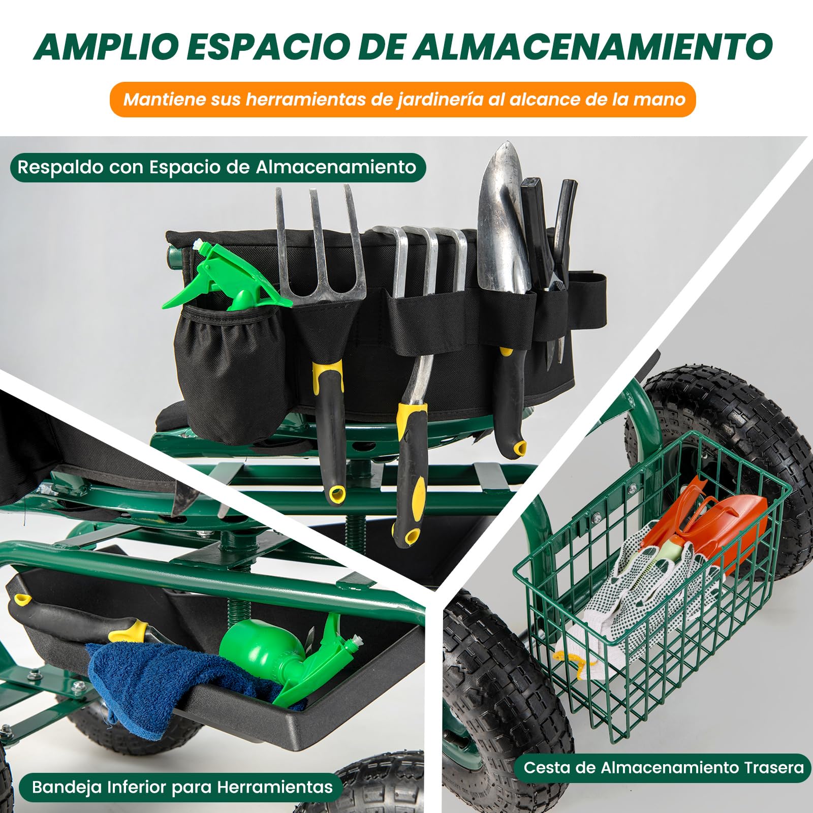 COSTWAY Asiento de Jardín con Ruedas, Carrito de Jardín con Asiento de Trabajo, Ajustable en Altura con Asiento Giratorio de 360° y Cojín, 2 Asas de Dirección, Taburete Móvil de Trabajo de Jardinería