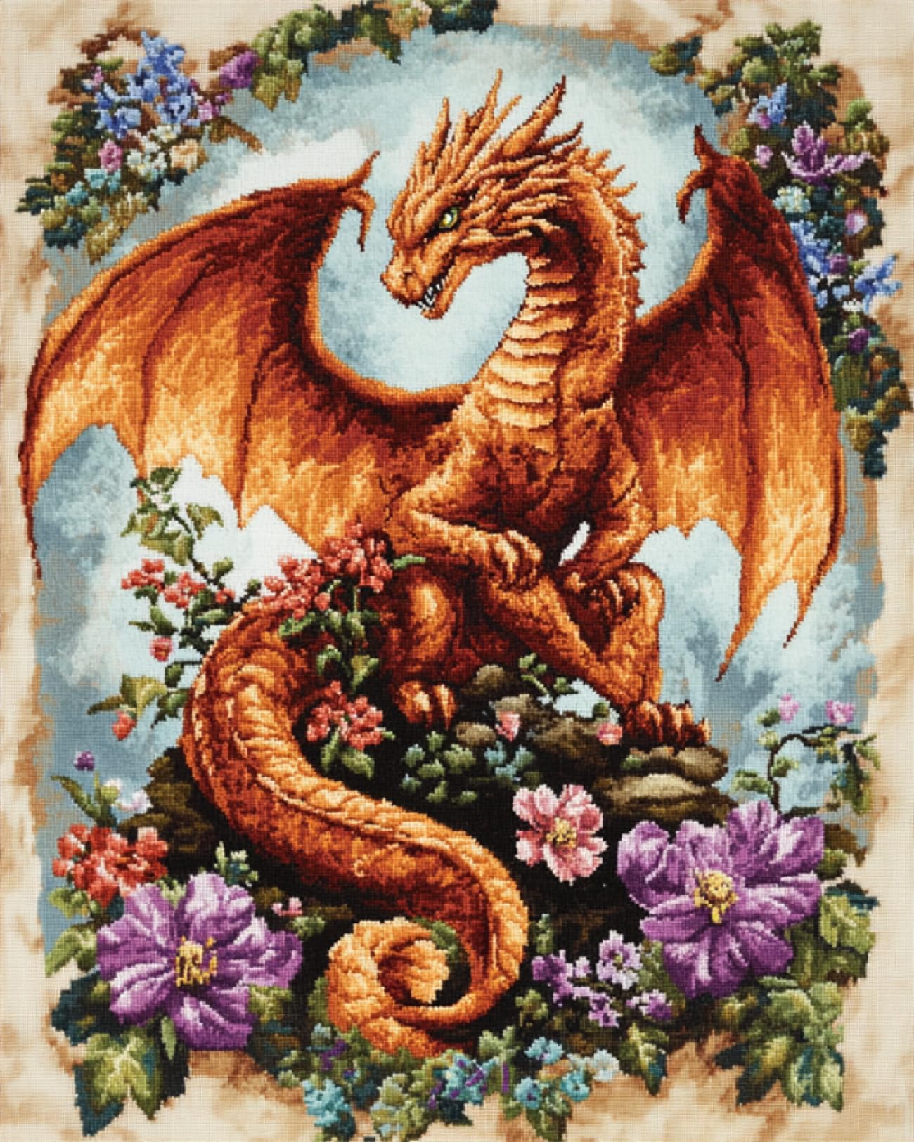 Rkflgew F 14Ct Lowers And Dragons Cross Stitch Kits Or Beginners Antasy Animals Cross-Stitch Kits Or Beginner Or Adults,Diy Easy Counted Needlework Embroidery Set Home Decoration 30X40 Cm