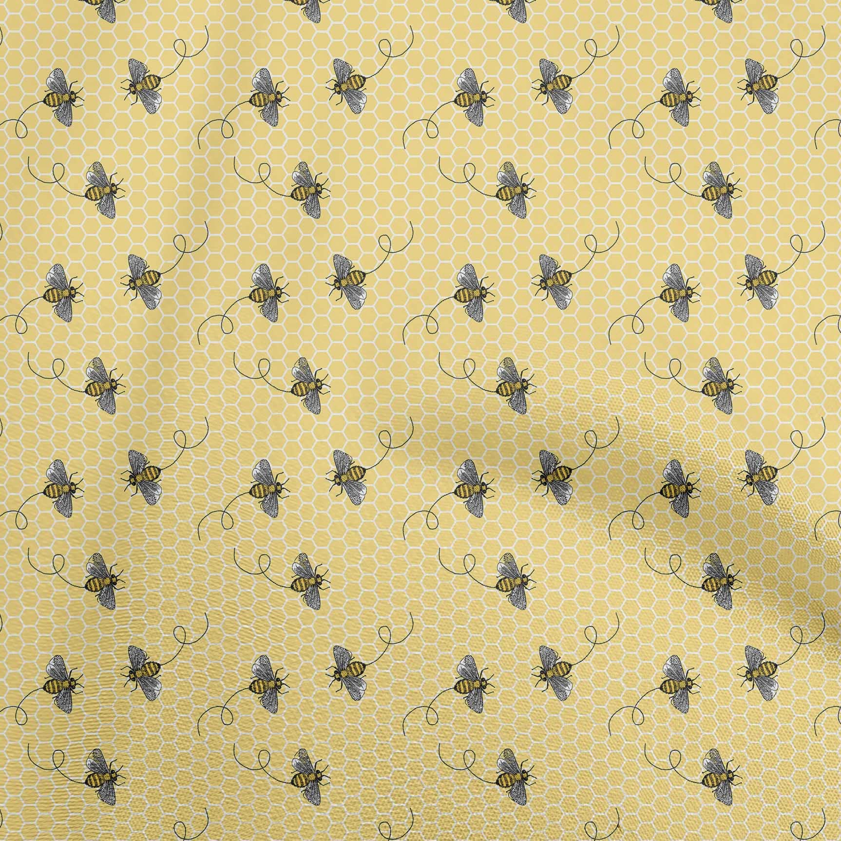oneOone Cotton Cambric Beige Fabric Honey Bees with Hexagon Texture Quilting Supplies Print Sewing Fabric by The Yard 56 Inch Wide