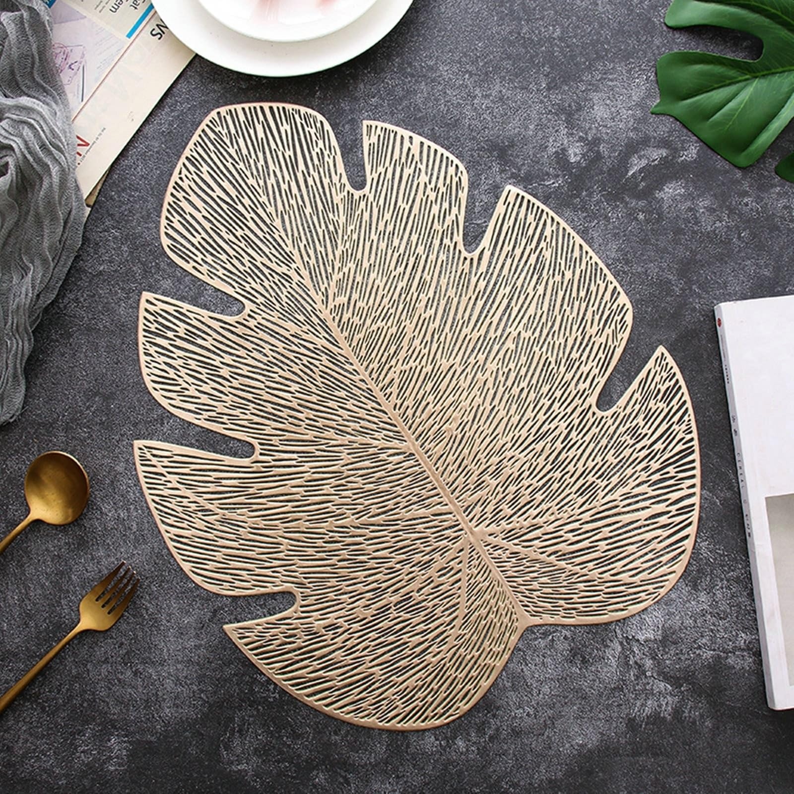 Placemat Juego de 8 salvamanteles dorados en forma de hoja 37 x 47 cm para cocina y comedor