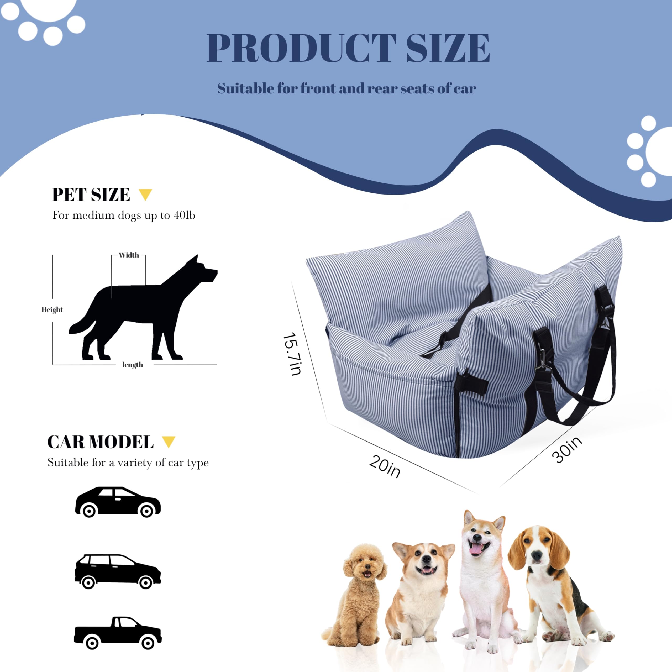 Daneey Dog Car Seat for Medium Dogs, Dog Booster Seat for Car, Fully Detachable Washable Dog Car Bed for Car Travel, Non-slip Safety Pet Car Seat with Seat Belt, Blue