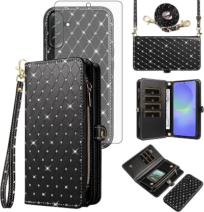 Phone Case for Samsung Galaxy A36 5G Zipper Wallet Detachable Cell Cover with Screen Protector Crossbody Lanyard Strap Bling Glitter Flip Card Holder Slot A 36 36A LTE SM-A366U Women Girls Black