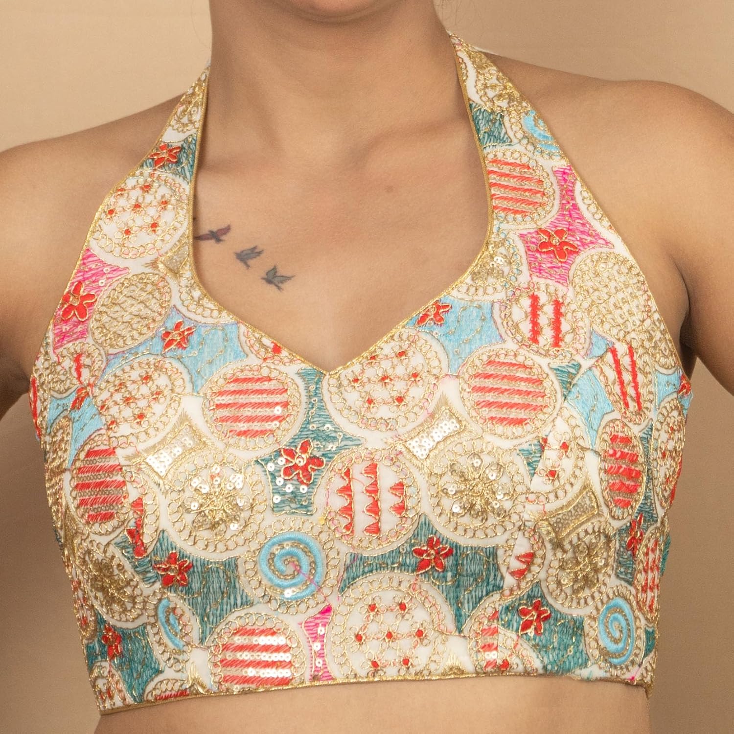 FIGURE'S DESIGNER Women's Sequin Gold Embroidered Halter Neck Sleeveless Readymade Indian Saree Blouse E13 - Image 2