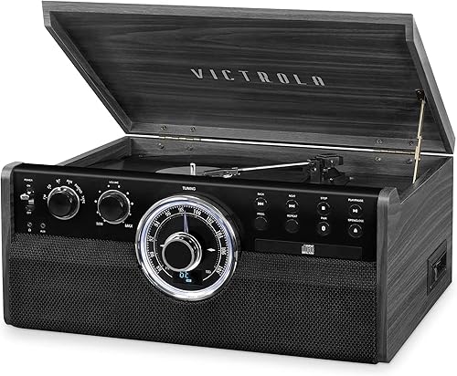 Victrola Mid Century - Reproductor de grabación Bluetooth 6 en 1 y centro multimedia con altavoces integrados tocadiscos de 3 velocidades