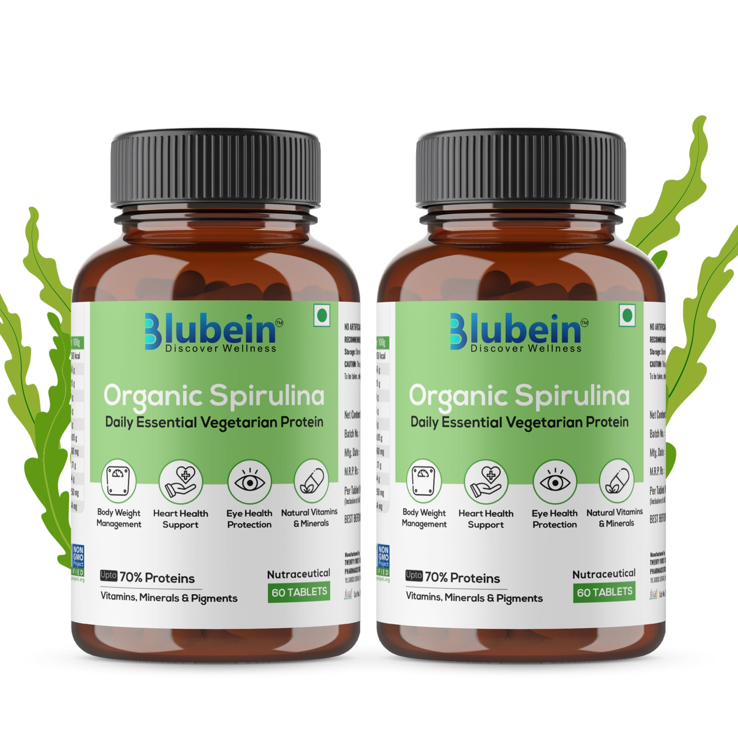 100% Organic Spirulina Tablets 2000 mg Per Serving | High-Protein Superfood for Men & Women | Supports Energy, Immunity, Gut Health & Weight Management | Non-GMO & Certified – 60 Tablets x Pack of 2