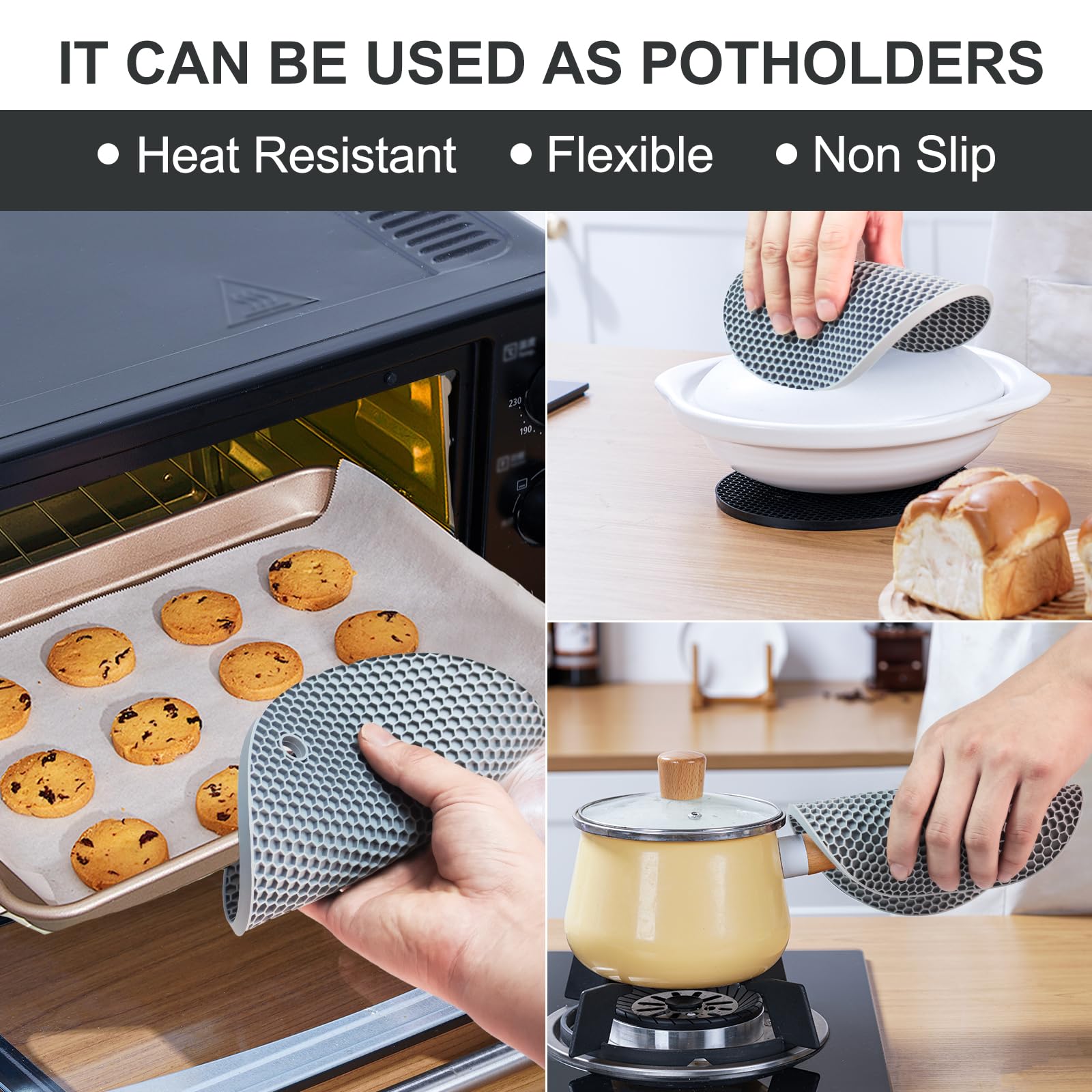 Salvamanteles de silicona, paquete de 4 soportes para ollas para cocina, resistentes al calor, antideslizantes, para platos calientes, ollas y sartenes, encimera, mesa, silicona de grado