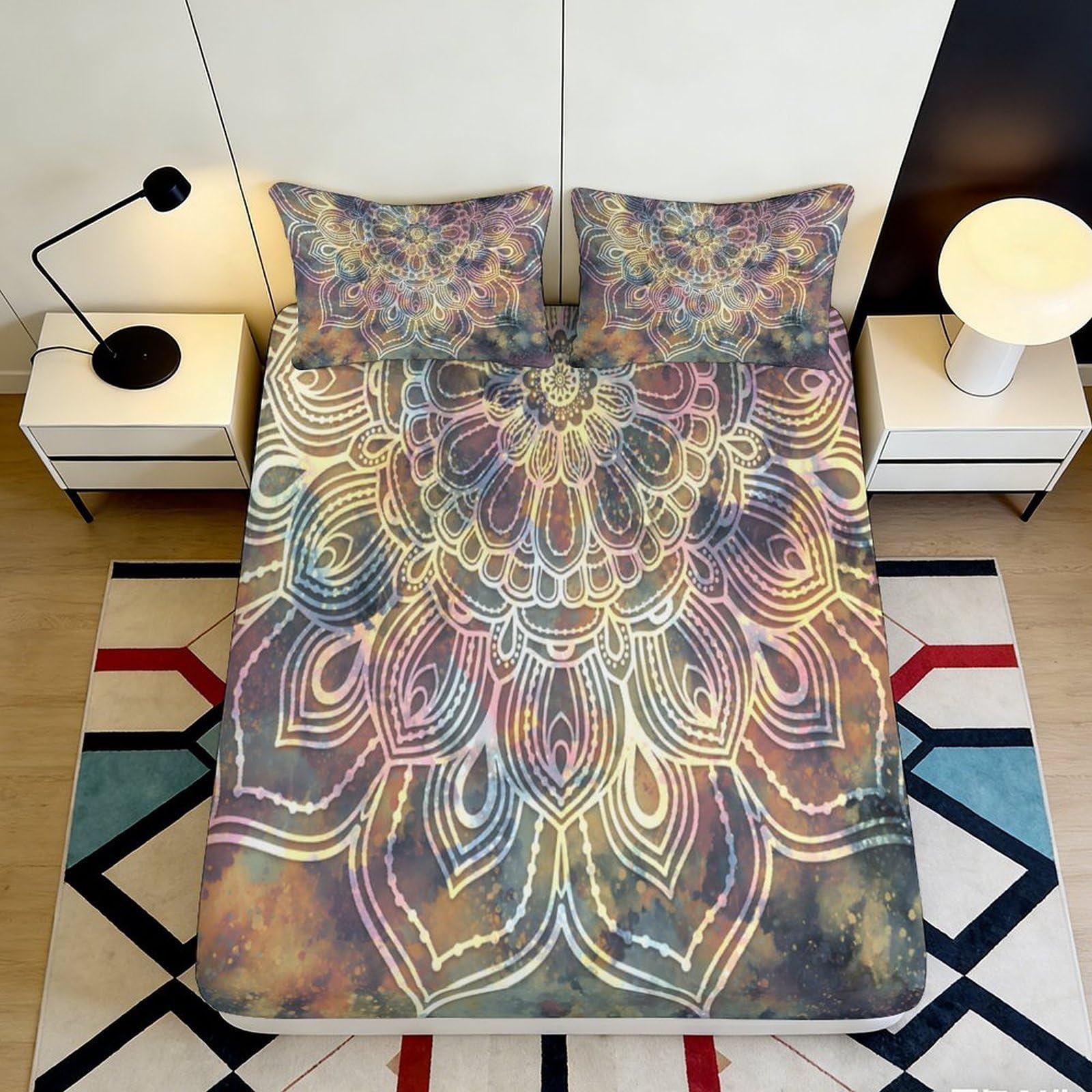 3D Printed Mandala Dream Fitted Sheet Microfiber Soft Artistic Colorful Bed Cover for Bedroom Guest Room Decor 90x200x25cm