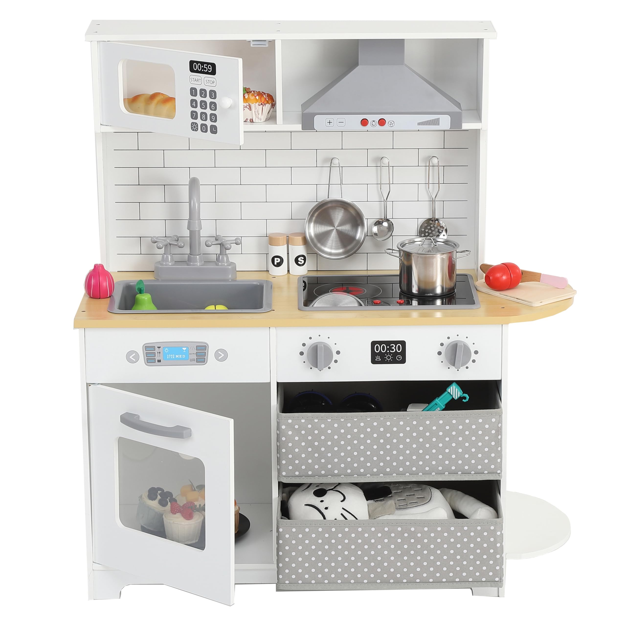 Play Kitchen for Kids, Wooden Kitchen Toy Playset with Stove, Oven, Sink and 17 Pcs Toy Food & Cookware Acces, Pretend Play Kitchen with 2 Fabric Drawers for Toddlers, Preschoolers Age 3+ Years, White