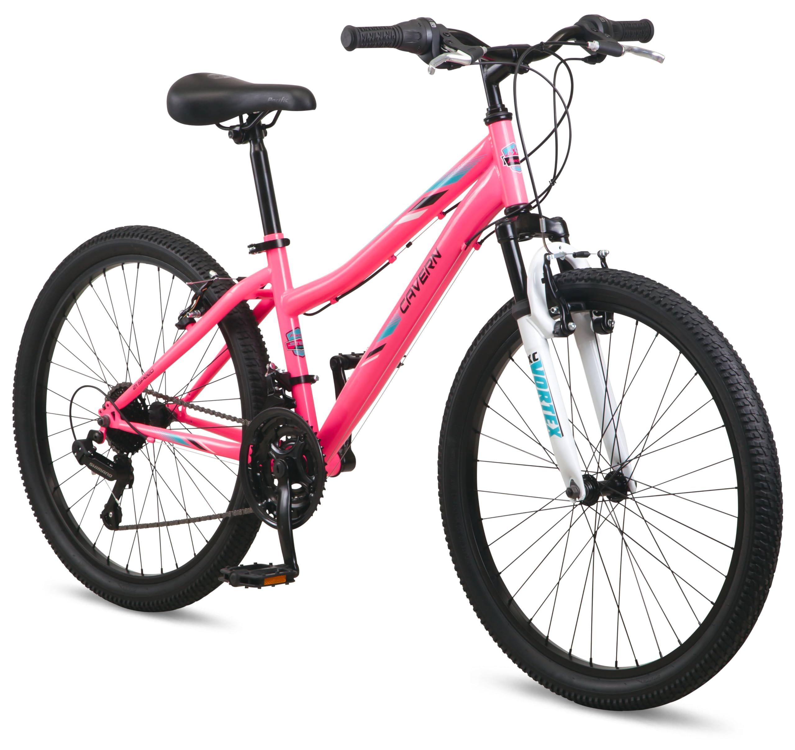 Pacific Cavern Mountain Bike, 20, 24 or 26 Inch Bike for Kids and Adults, 7 or 21 Speed, Durable Steel Frame, Suspension Fork, Hand Brakes, Twist Shifter, Knobby Mountain Tires, for Girls and Boys