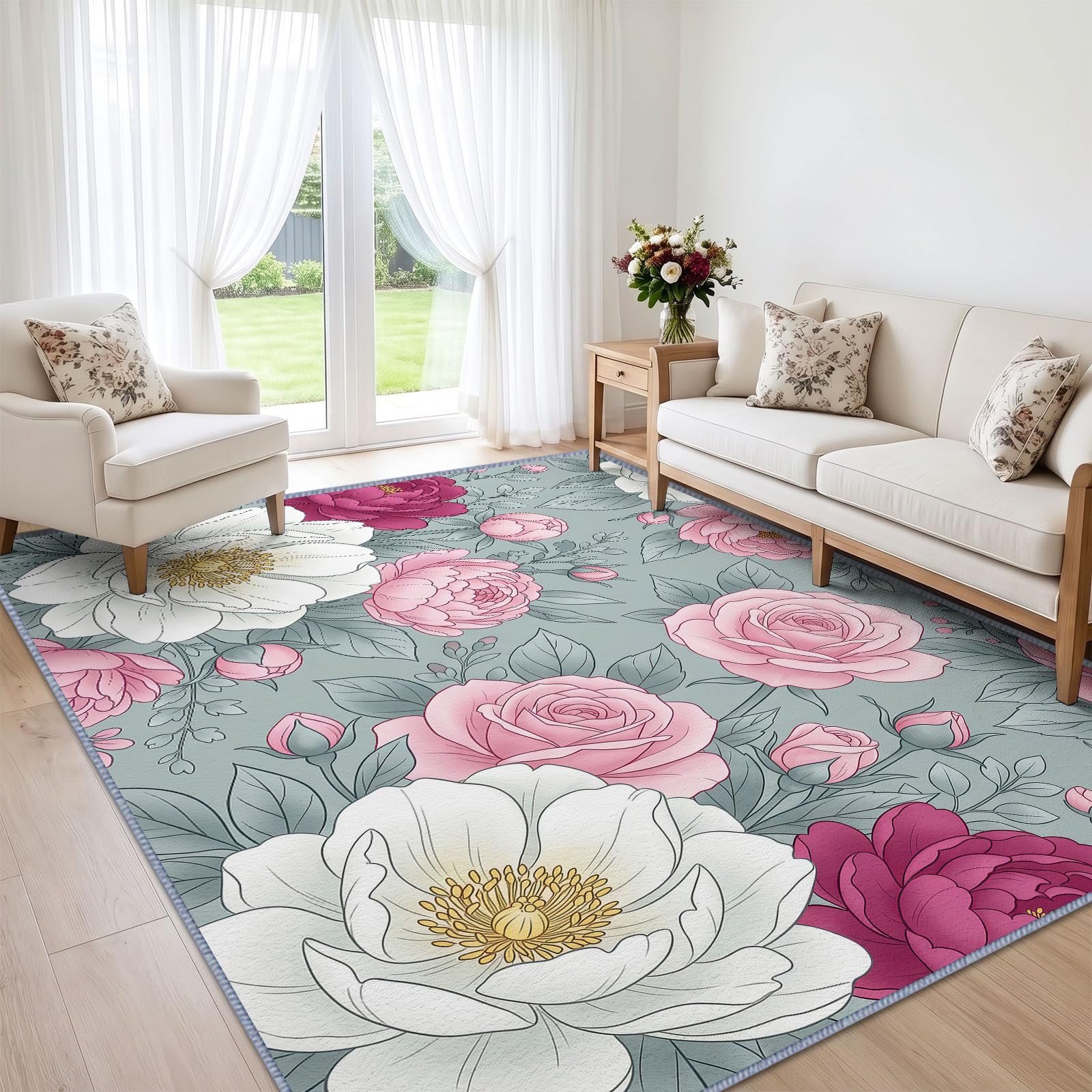 Générique Floral Pivoine Tapis Salon 80x150 cm, Lavable en Machine AntidéRapant Poil Ras Classique Romantique Style Victorien Tapis, pour Chambre Salle a Manger Descente de Lit Bureau Cuisine