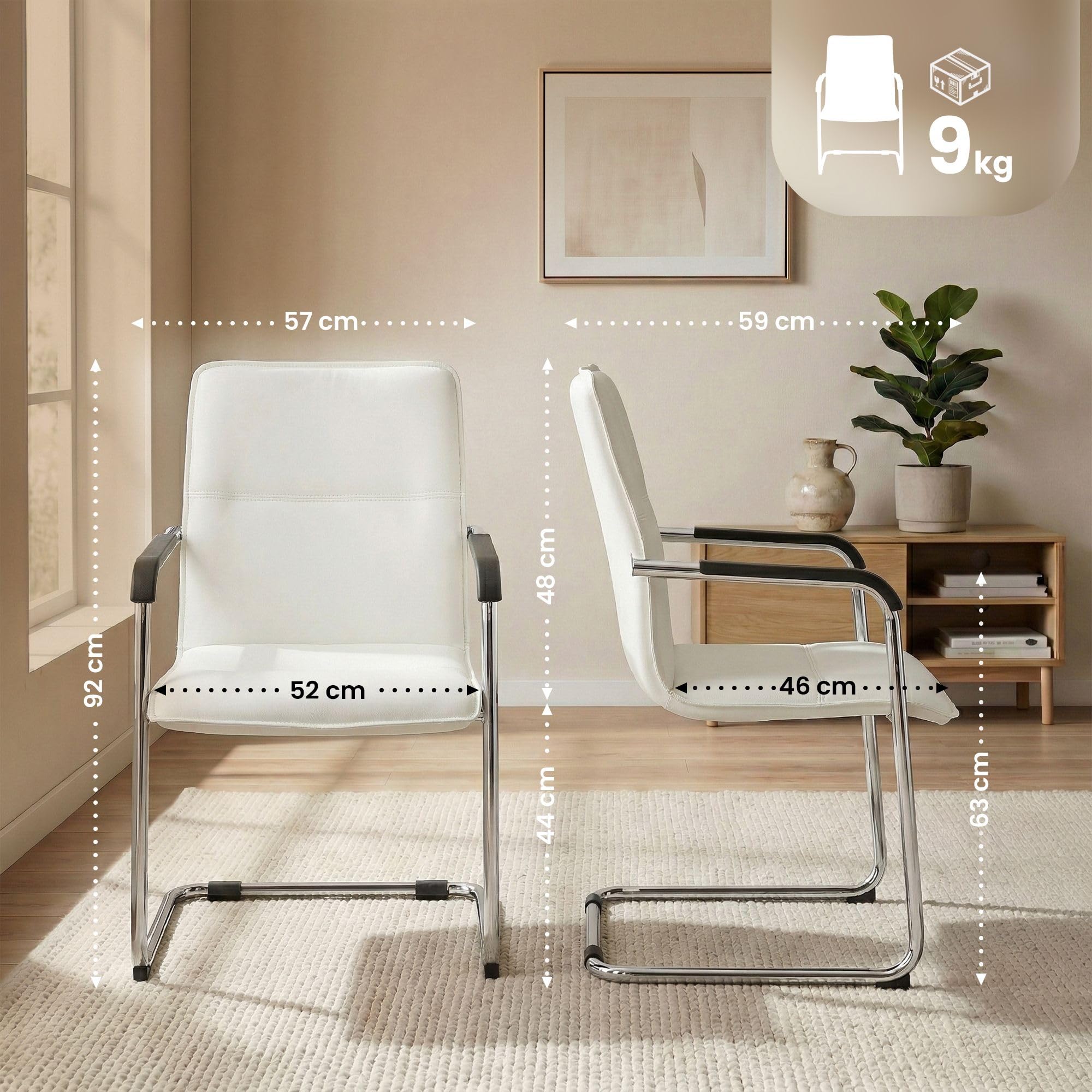 CLP Lot de 2 chaises Cantilever avec accoudoirs Seattle, chaises de Salle ŕ Manger Modernes rembourrées avec revętement en Simili-Cuir, Couleur:Blanc