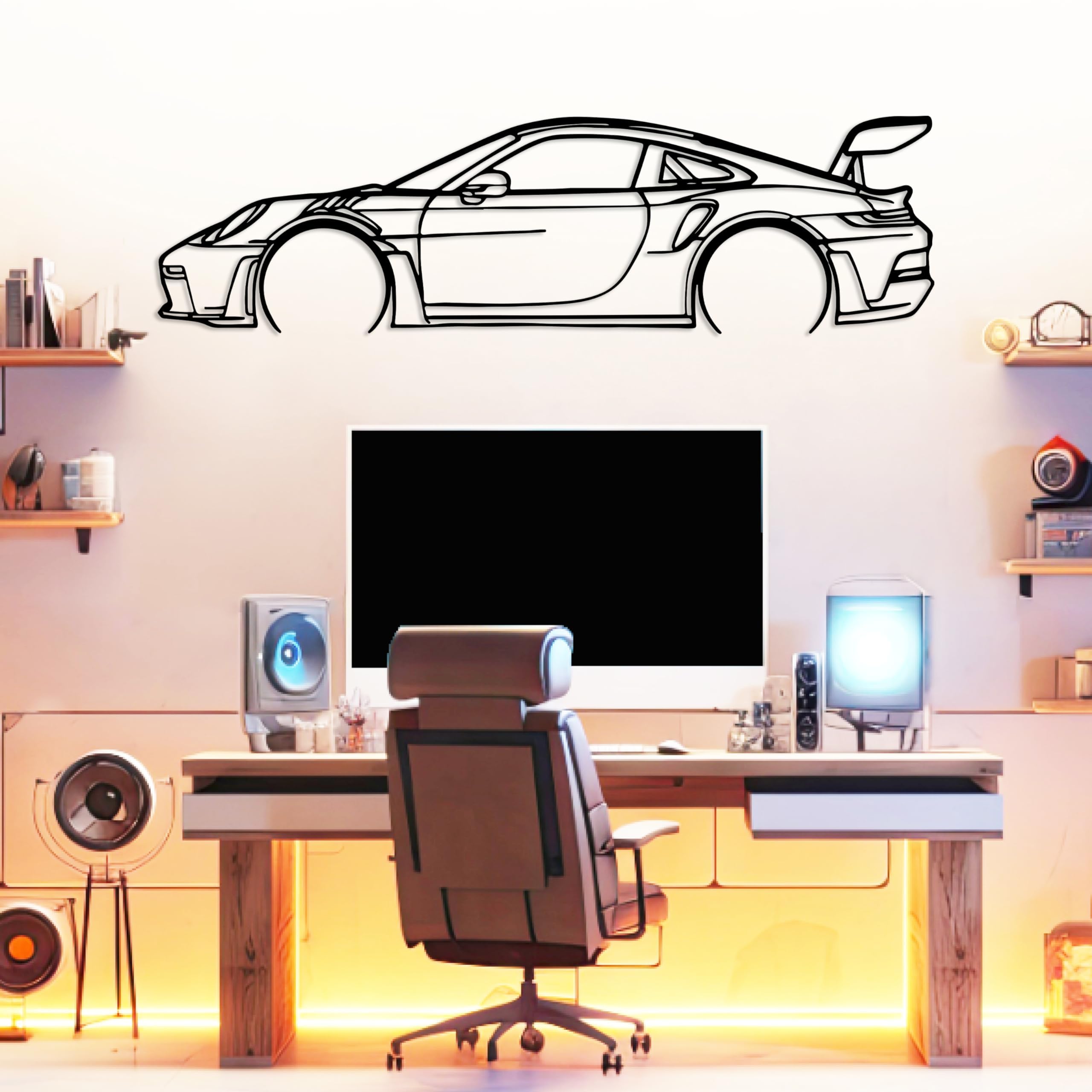 911 Silhouette Metal Car Wall Art, Sports Car, Automotive Silhouette Line Decoration, Minimalist Sculpture for Garage, Man Cave, Indoor Outdoor Wall Hanging, Gift for Boyfriend and Car Lovers (Black -