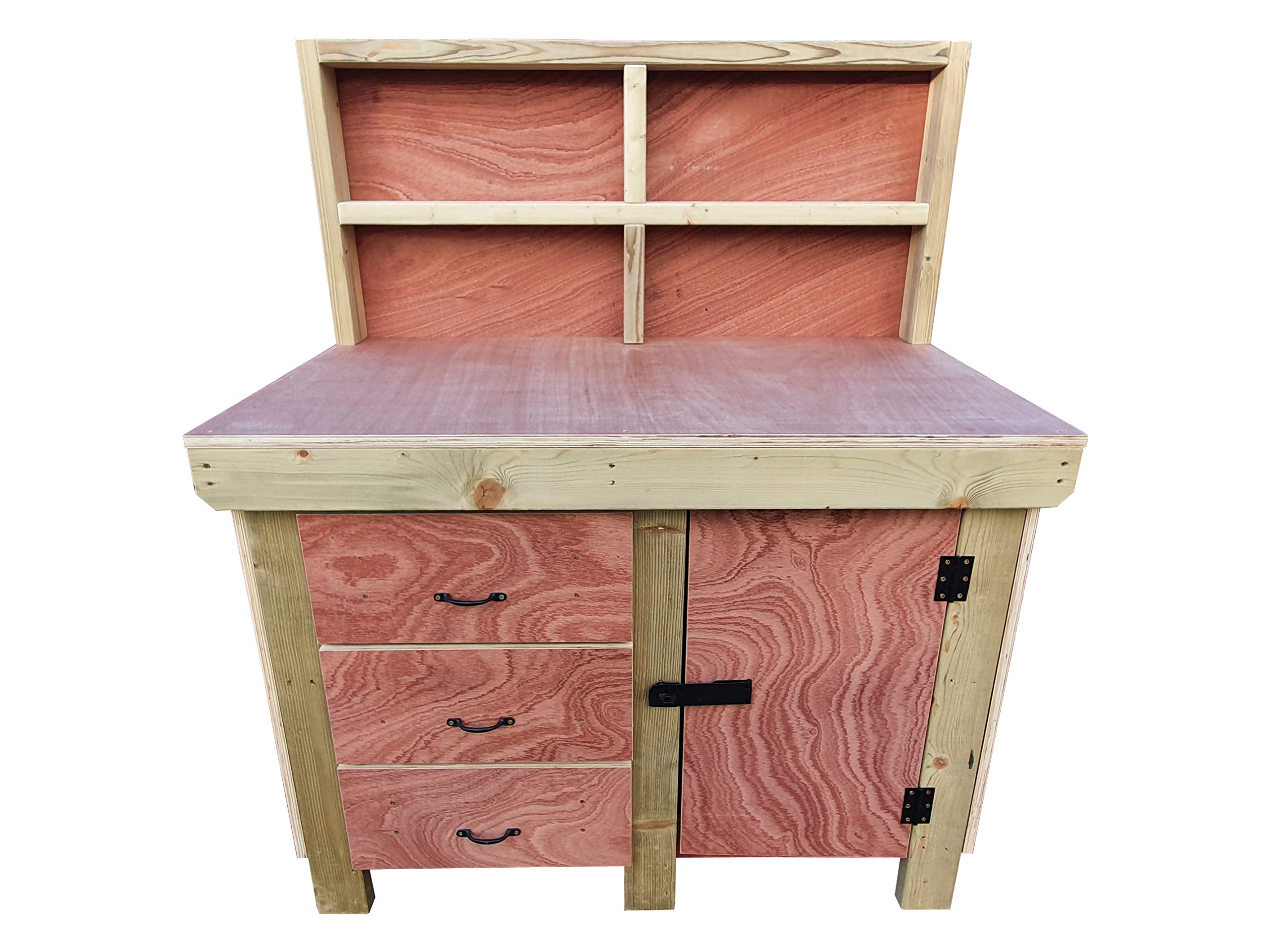 Arbor Garden Solutions Wooden Workbench Tool Cabinet with Lockable Cupboard 18mm Eucalyptus Hardwood Top - Double Shelf and Back Panel (4ft)