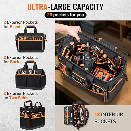 Miniatura 4 de Bolsa de herramientas para electricista de 17 pulgadas, 26 bolsillos, bolsas de herramientas grandes para hombres y mujeres, con fondo duro