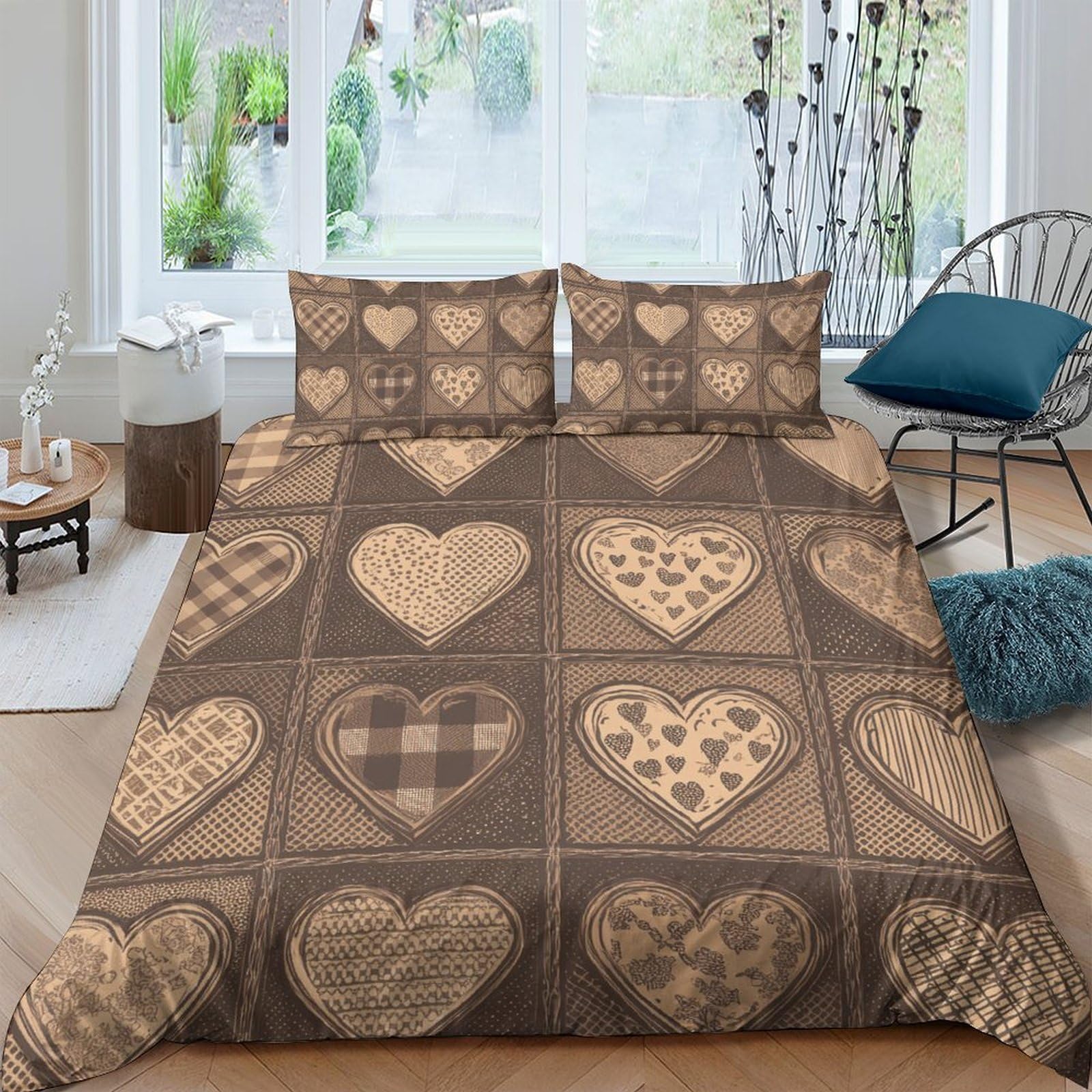Ctjqhvkz Style-4 3D Printed Rustic Patchwork Heart Fitted Sheet Microfiber Soft Bedroom Decor Romantic Mattress Cover Protector Single（135X200cm）