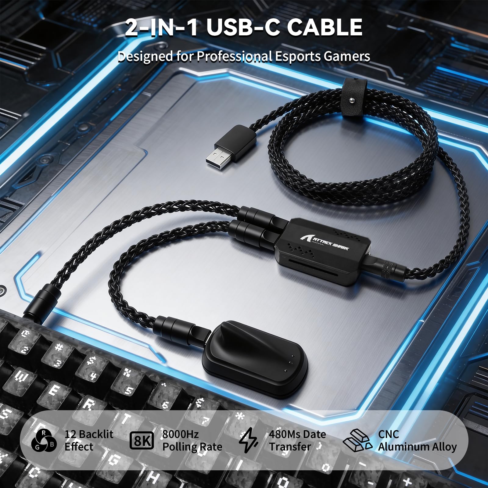 ATTACK SHARK C07 8KHz Kabel Type-C 2 w 1 do Gaming Klawiatur/Myszy-Czarny | 12 RGB Backlit, Podwójny port USB-C, Oplot z Miedzi Monokrystalicznej, Aluminium CNC 6063, dla PC/MacBook/Graczy, 5,12'