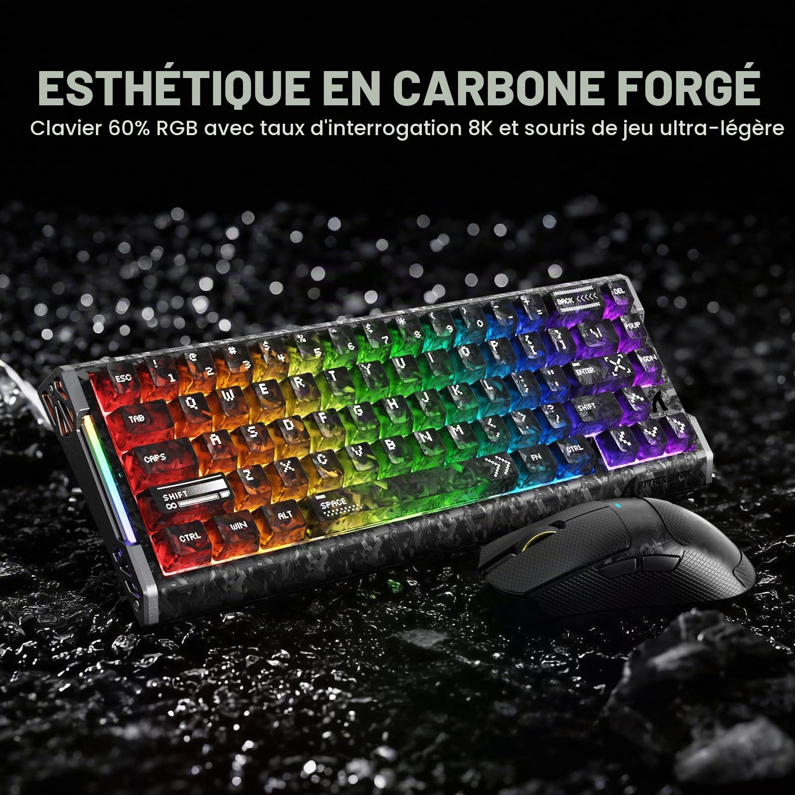 ATTACK SHARK Déclencheur rapide en fibre de carbone 8000 Hz Clavier de jeu magnétique filaire remplaçable à chaud, 42K DPI PAW3950 MAX TRI-Mode, souris sans fil Polling 8K, éclairage RVB Câble spiralé