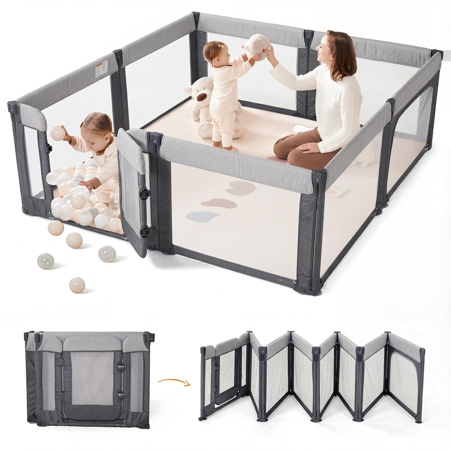 Sweeby Foldable Baby Playpen, 59x59 Playpens for Babies and Toddlers Extra Large Play Yard with Door Baby Fence with Zipper Door and Indoor & Outdoor Play Pen,Black