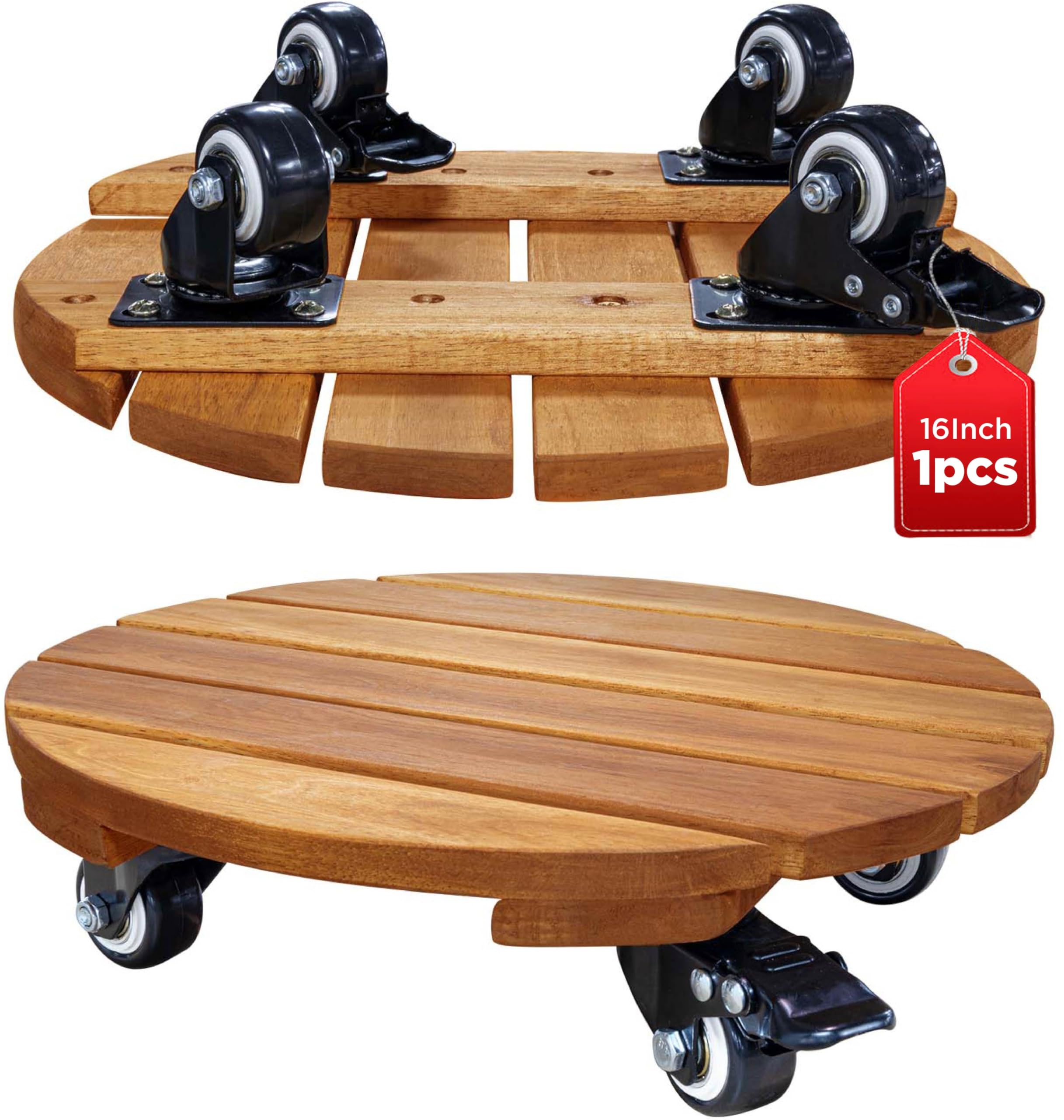 Idzo 16inches Capacity 500lbs Wood Plant Caddy With Wheels Heavy Duty, Acacia Hardwood Plant Dolly, Plant Stand with 360° Lockable Wheels for Plant Pots, Heavy Objects Hauling - Natural Wood