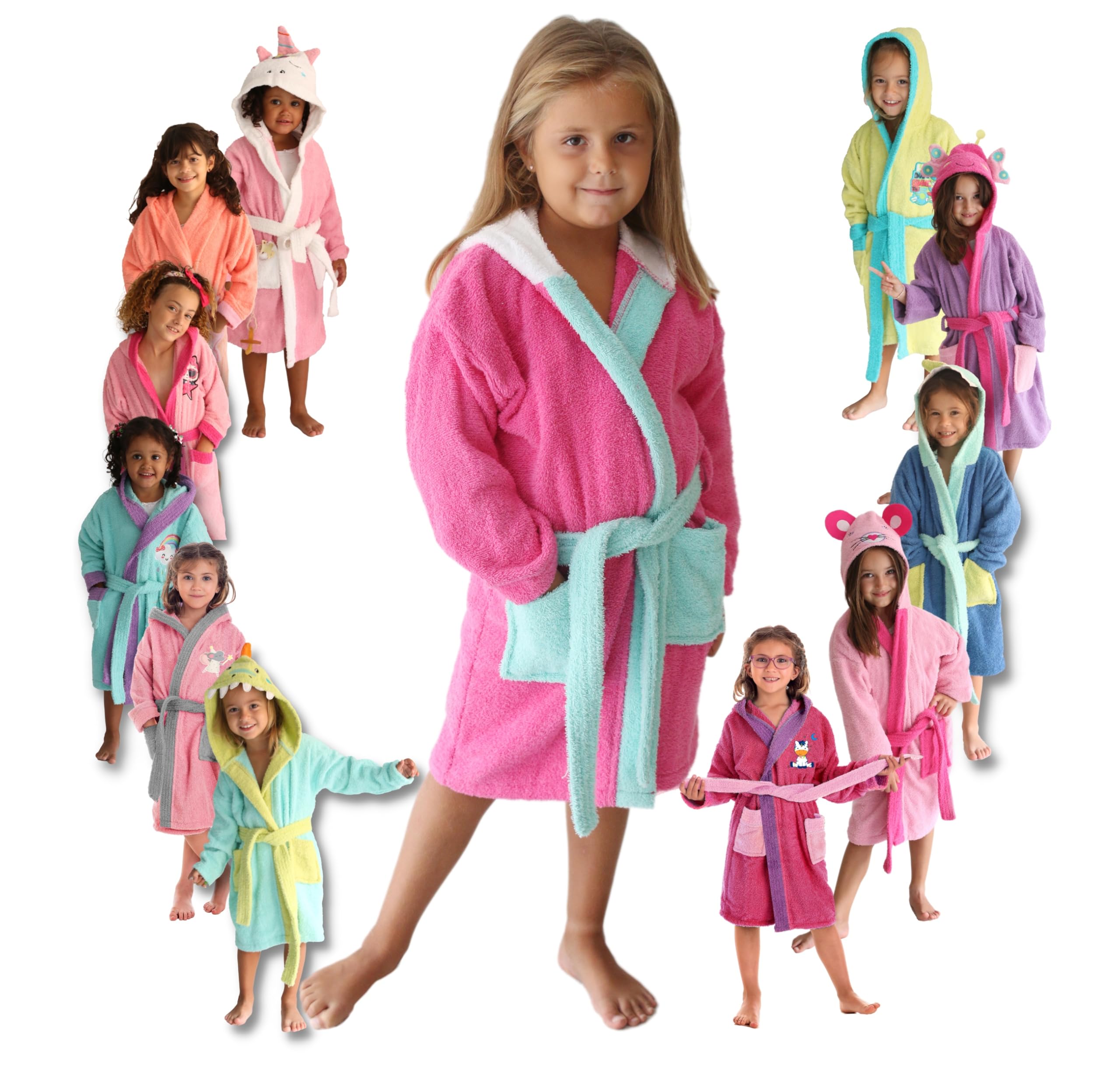 LEBENGOOD - Peignoir Filles Coton: Fille, Enfant - 100% Coton OEKO-TEX® - 2 Poches, Ceinture, Capuche, Peignoirs en peluche très doux avec broderies pour filles