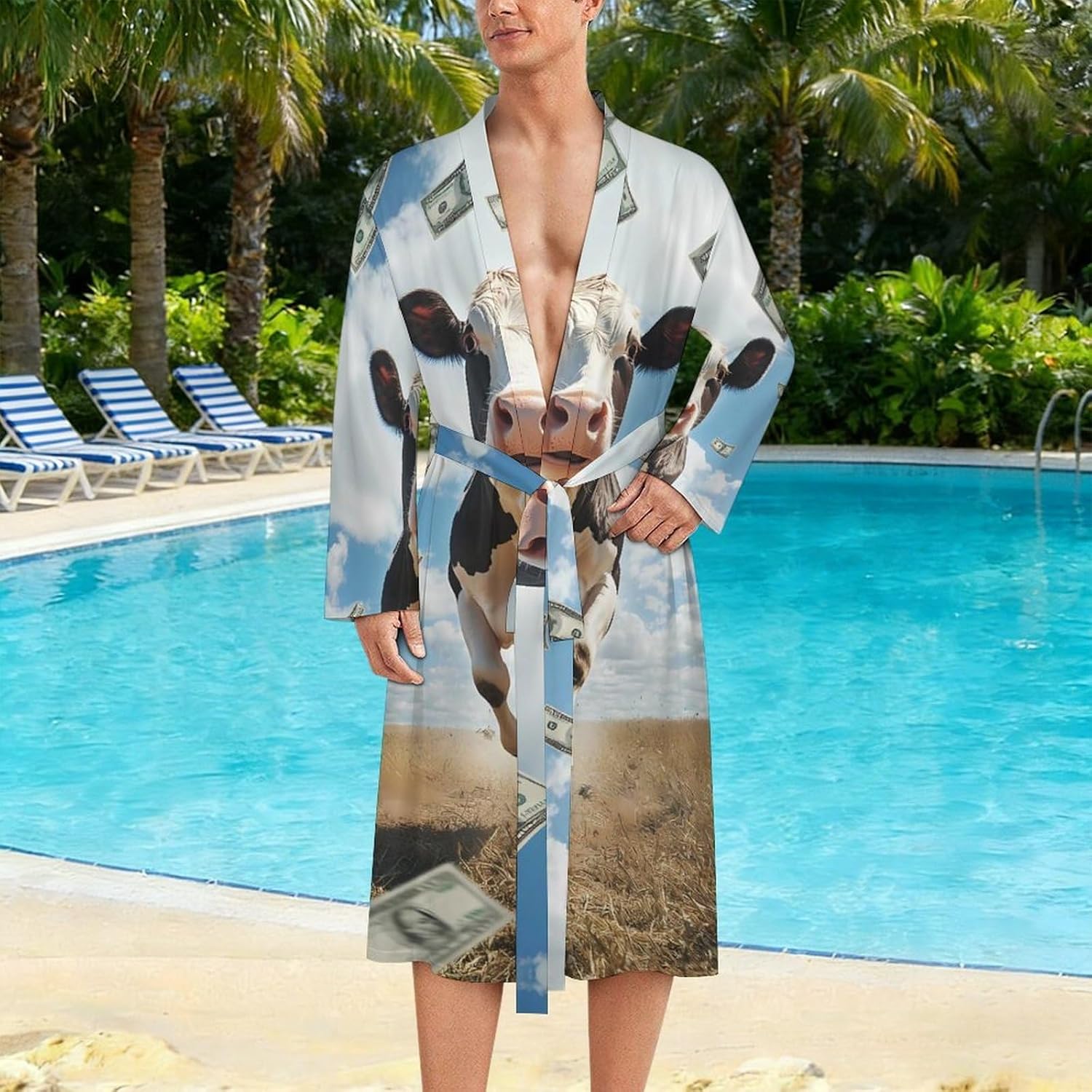Cow Print Dollar Men's Robe Soft Bathrobe V Neck Loungewear Sleepwear Nightgown Dressing Gown