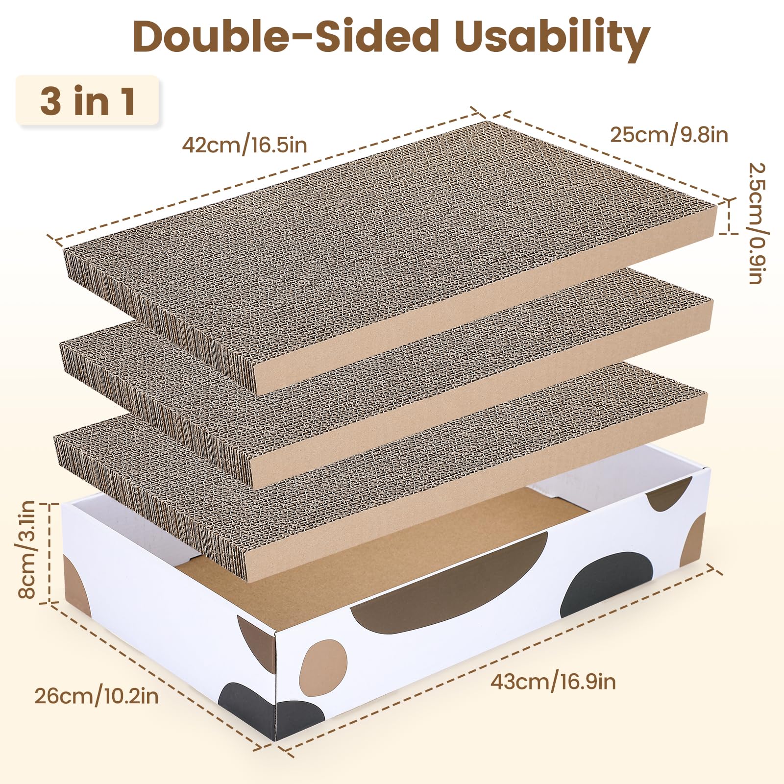 PETTOM Griffoir pour Chat 3 Pièces, Solide Grattoir Carton de Haute Densité, Réversible Planche à Gratter pour Chat avec Boîte