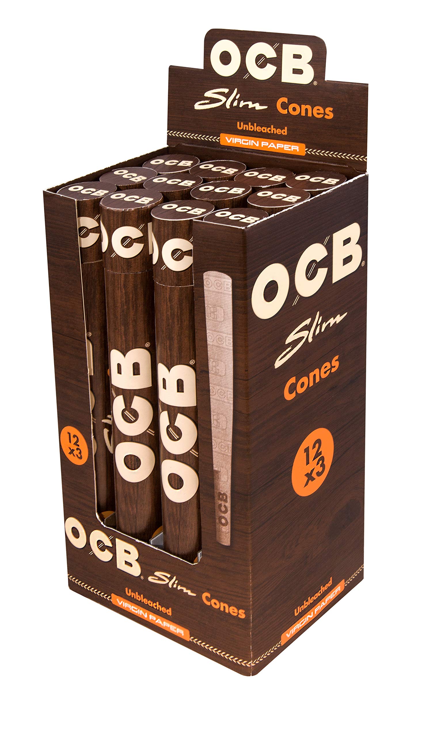 OCB Slim Cones Unbleached Virgin Paper 12 x Pack of 3, Brown, Small