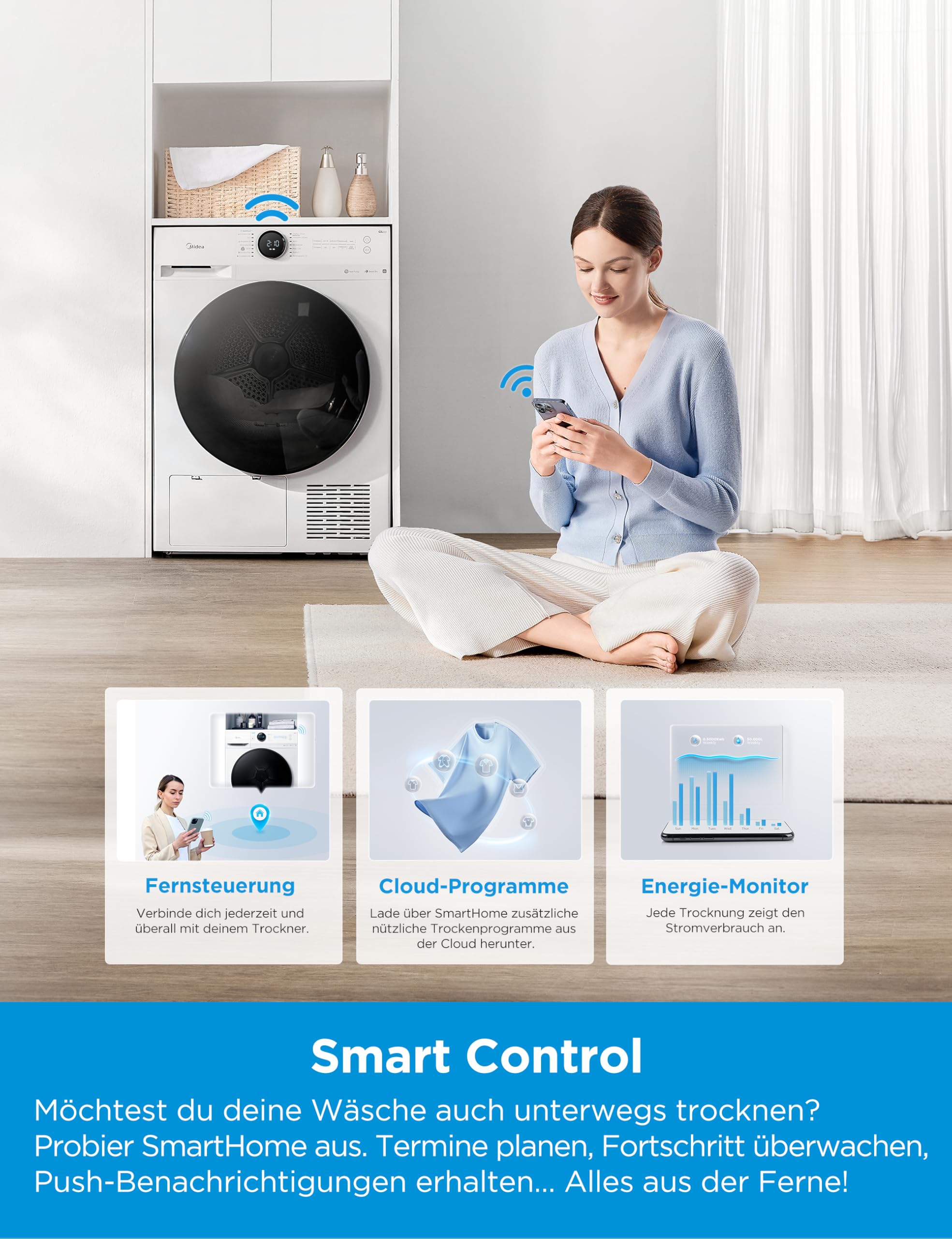 Midea MD20EH80WB-A3 Wärmepumpentrockner 8 kg Energieklasse C UV Hygience Knitterschutz Auto Dry Weiß