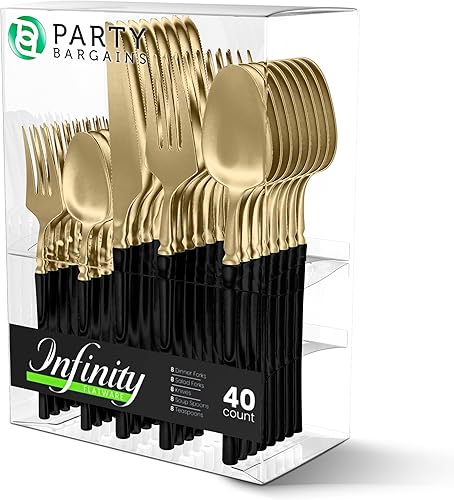 Miniatura 8 de Party Bargains Tenedores desechables de plástico para cena, 20 unidades, negro y dorado, cubiertos de cocina de diseño moderno infinito, perfectos