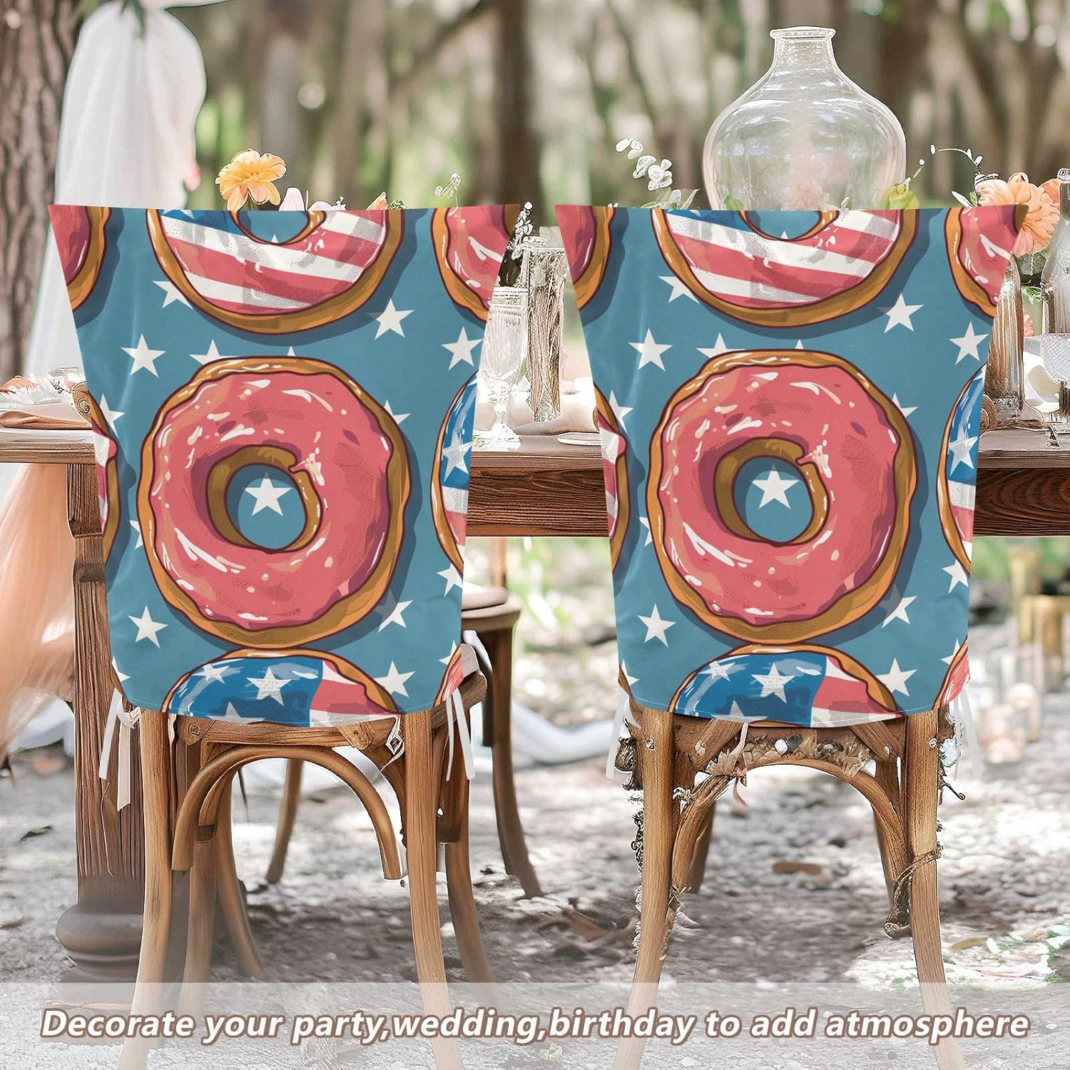 ALAZA Donuts in USA Style Chair Back Cover Set of 6, Washable Reusable Removable Chair Slipcovers Decorative Chair Cover for Home Kitchen Wedding Party