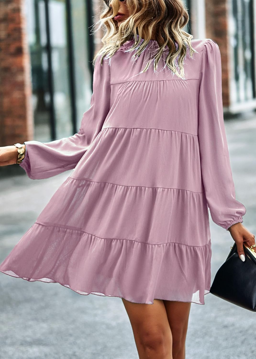 KIRUNDO Long Sleeve Baby Doll Dresses Women 2026 Casual Spring Summer Ruffle Mock Neck Tiered Mini Flowy Swing Shift Dress - Image 6