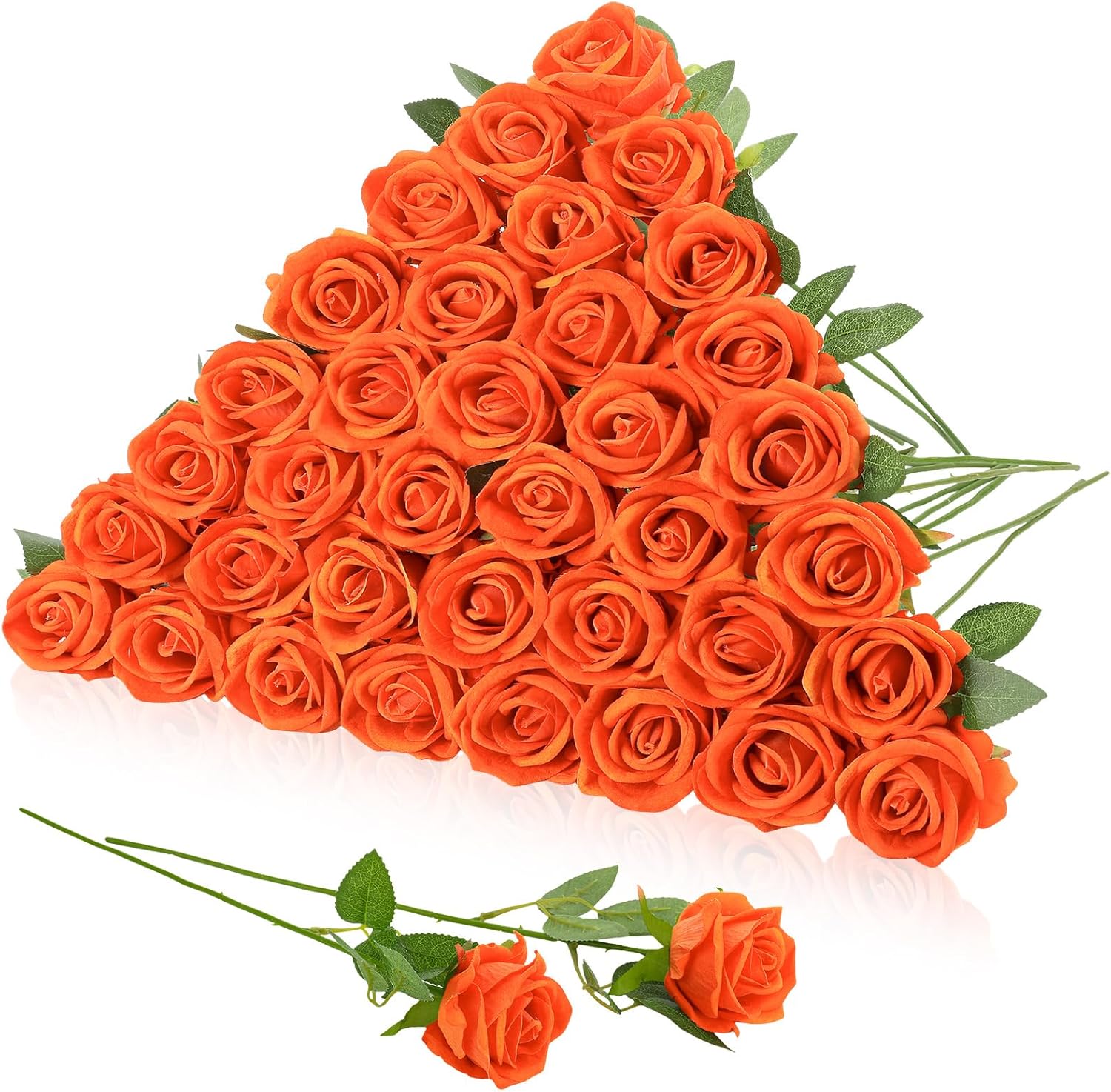 36 Pcs Velvet Burnt Orange Artificial Flowers Bouquet, Fake Rose Long Stem Realistic Fall Bridal Shower Decorations Bulk for Halloween Thanksgiving DIY Wedding Ball Arrangement