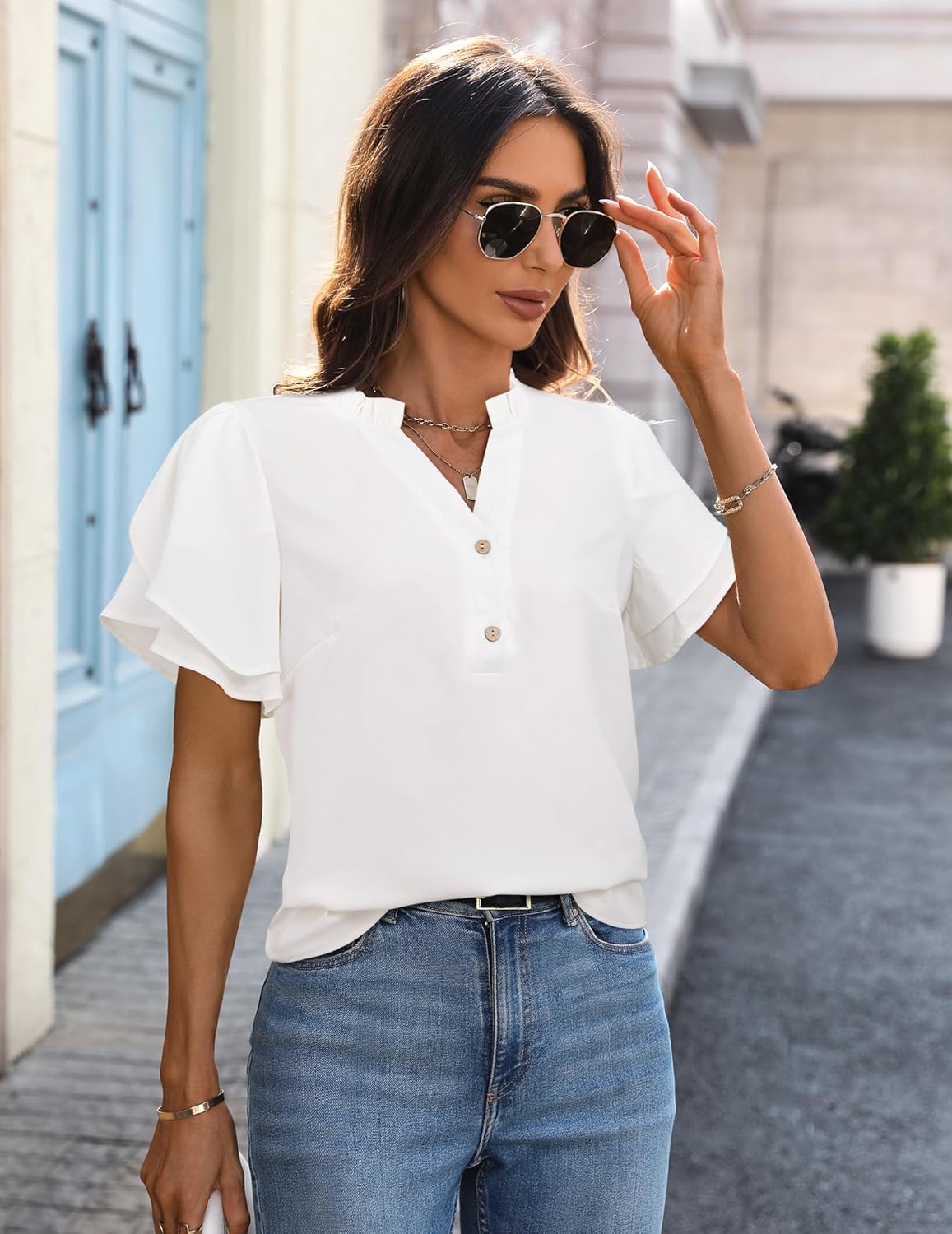 LOOKBOHO Womens Tops Dressy Casual Trendy Business Work Blouses Short Sleeve Ruffled V-Neck Tshirts - Image 3