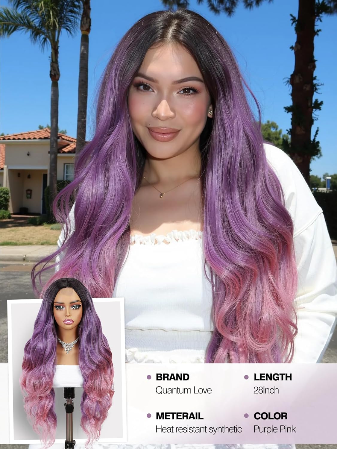 Quantum Love Long Curly Purple Pink Wig for Women Long Wavy Ombre Wigs 28 inch Natural Looking Synthetic Colorful Hair for Cosplay Halloween Daily PartyUse