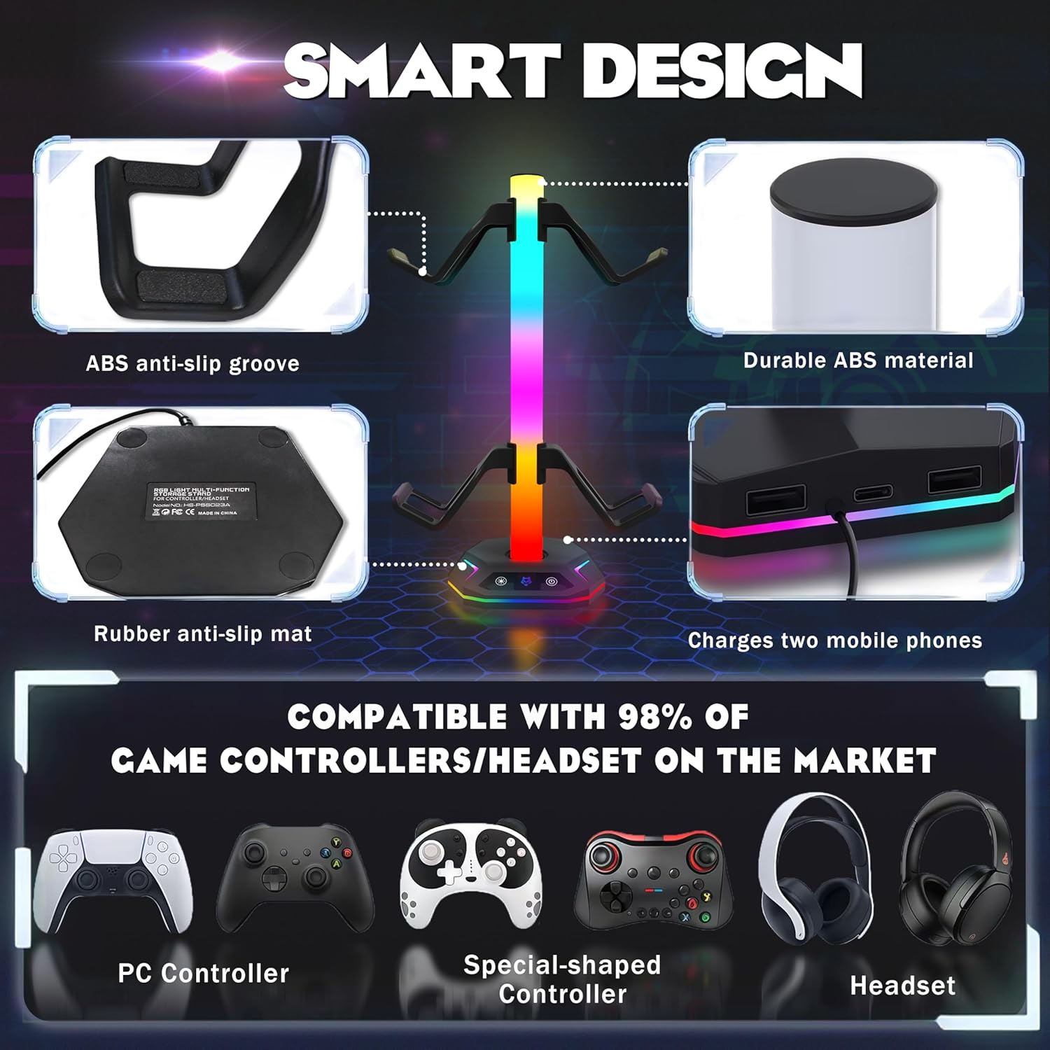 auvstar Soporte Organizador para Cascos Gaming y Mando, con Base USB-C y Luz RGB Universal, Soporte de Escritorio (Negro) 6