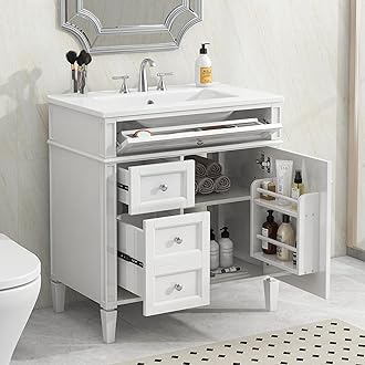 Linique 30" Bathroom Vanity with Sink Combo Set, Solid Wood Frame Modern Bathroom Storage Cabinet with 2 Drawers and a Tip-Out Drawer, Soft Closing Cabinet Door with Organizer, White