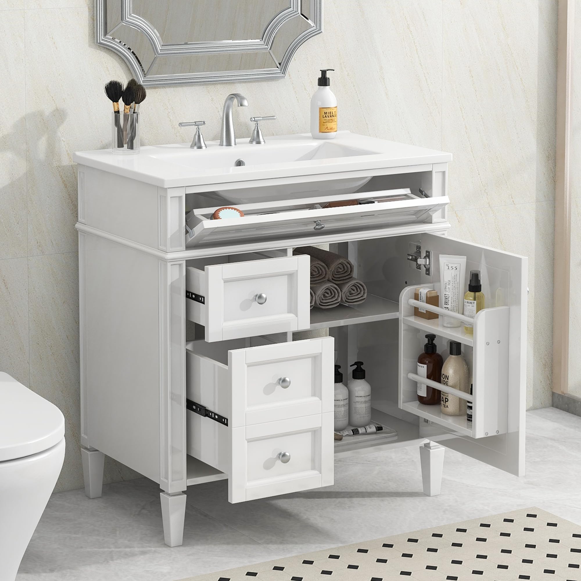 Linique 30" Bathroom Vanity with Sink Combo Set, Solid Wood Frame Modern Bathroom Storage Cabinet with 2 Drawers and a Tip-Out Drawer, Soft Closing Cabinet Door with Organizer, White