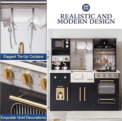 Miniatura 3 de ROBUD Juego de cocina de madera para niños y niños pequeños con máquina de café, máquina de hielo, microondas, horno, armario grande, 12 accesorios,