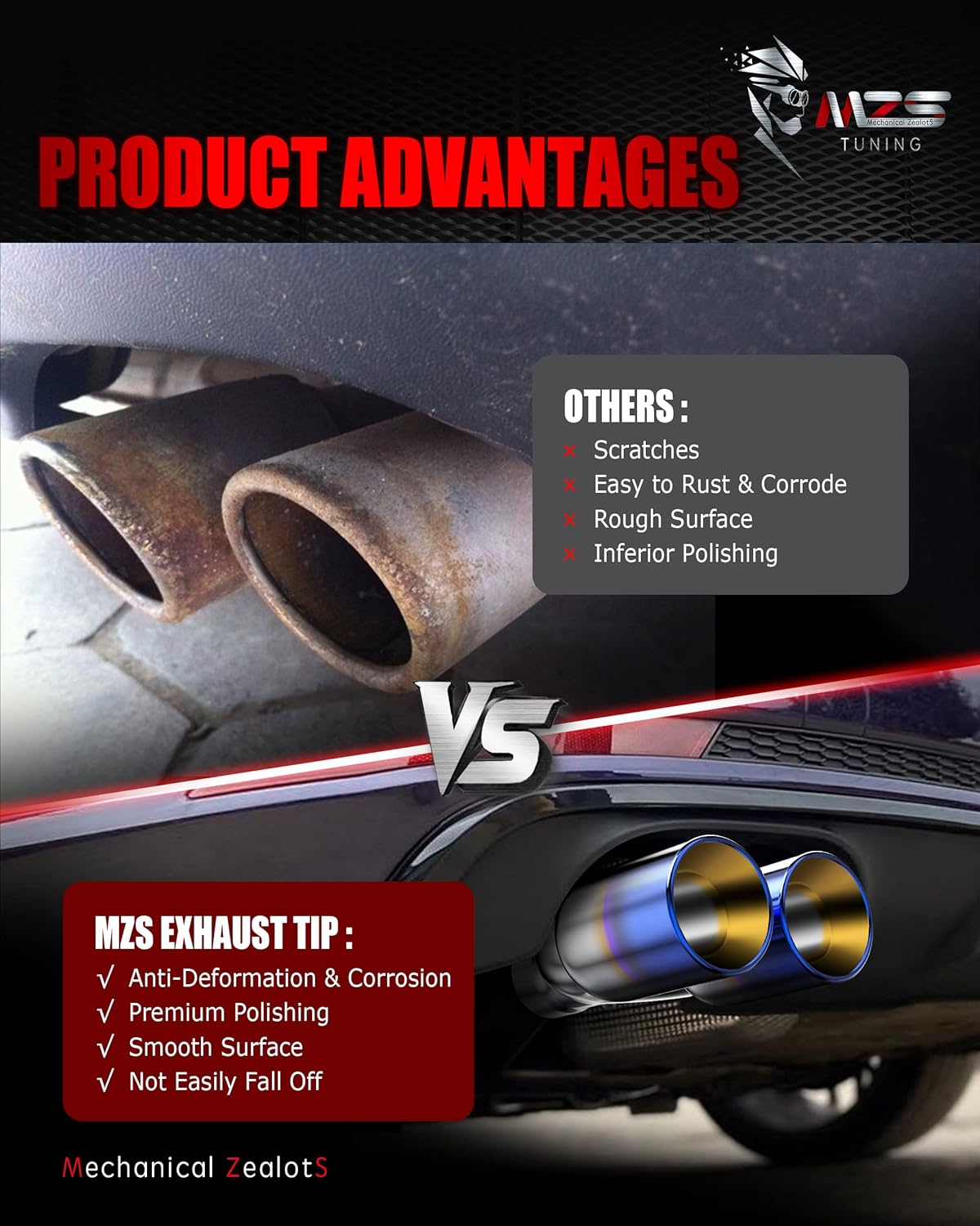 MZS Exhaust Tip, Stainless Steel 2.5" Inlet 3.5" Outlet 9.5" Length Diesel Dual Exhaust Tailpipe Universal Double Wall Tangent Edge - Titanium Burnt