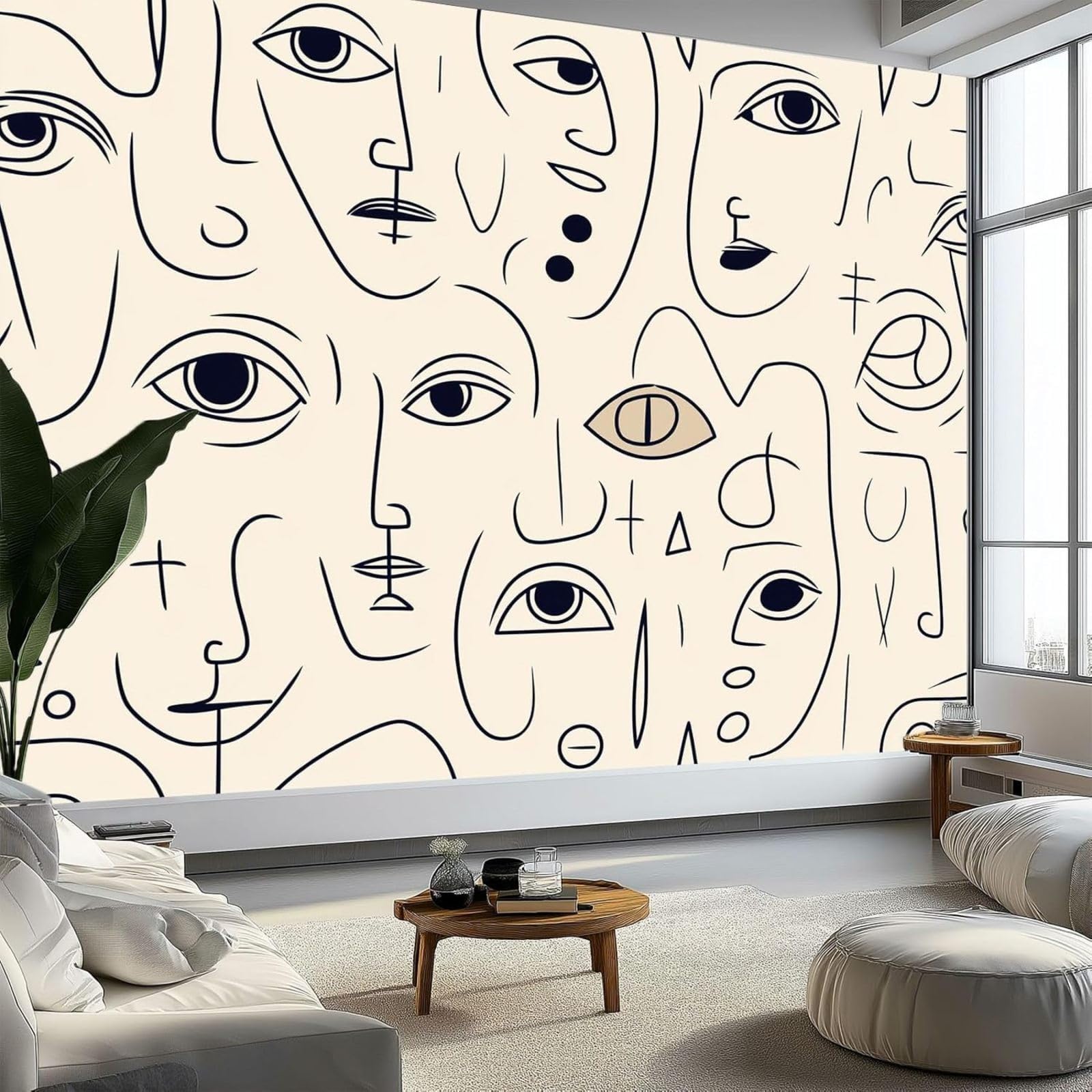 hgjdjhnf Art Photo Wallpaper Non-Woven Wallpaper Abstract Line Art Eye Wall Bedroom Living Room Cream,250cmx175cm Stickers - Frameless Painting - Poster