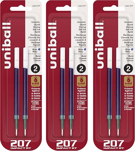 Uniball 207 Impact RT Retractable Pen Refills, 1.0mm Bold Point, Blue Ink, 6 Refills