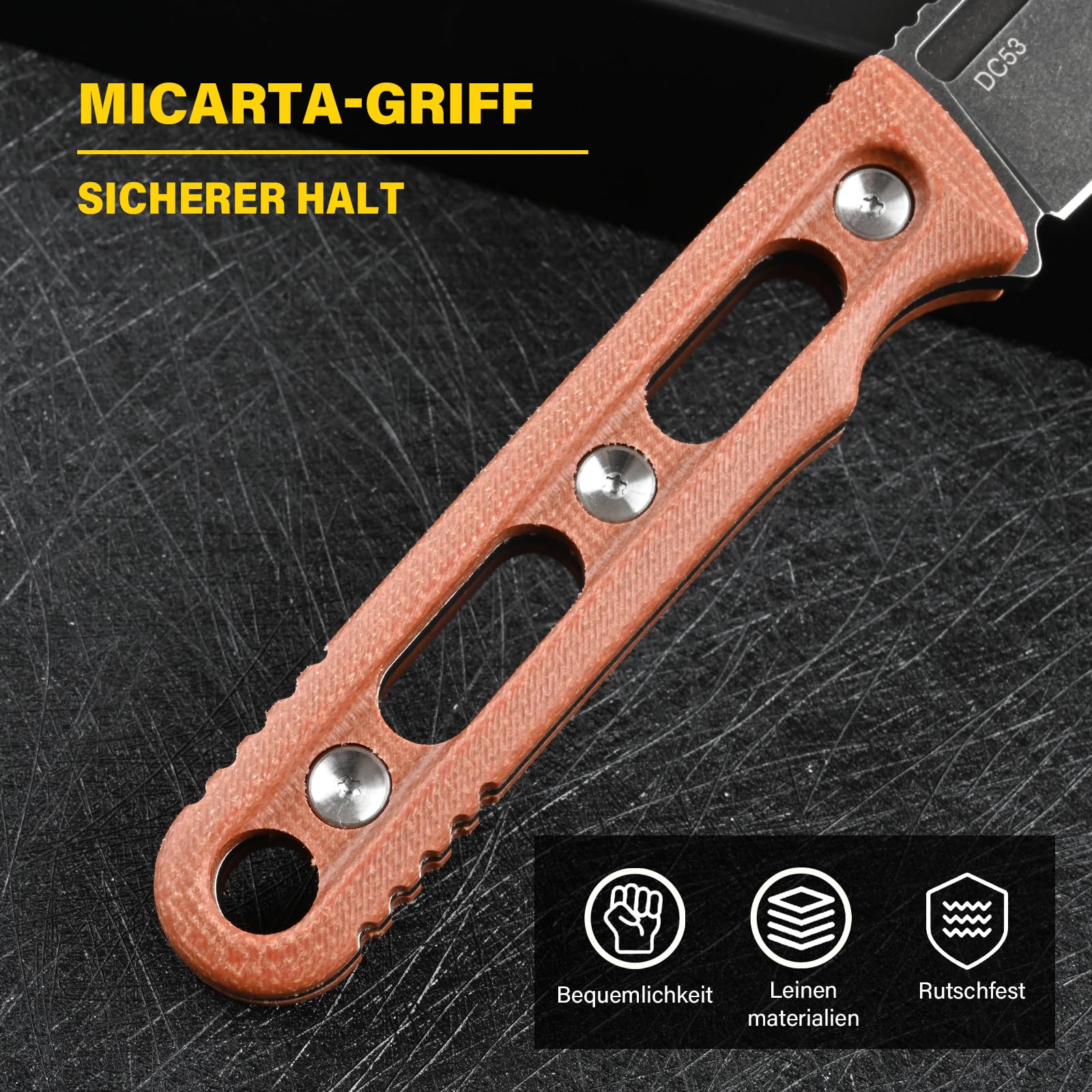 DC53 Stahl messer Feststehende Klinge mit Kydex Scheide Micarta Griff Jagdmesser für Männer EDC Camping Survival Outdoor (Schwarze Steinwäsche + braune Griffe)